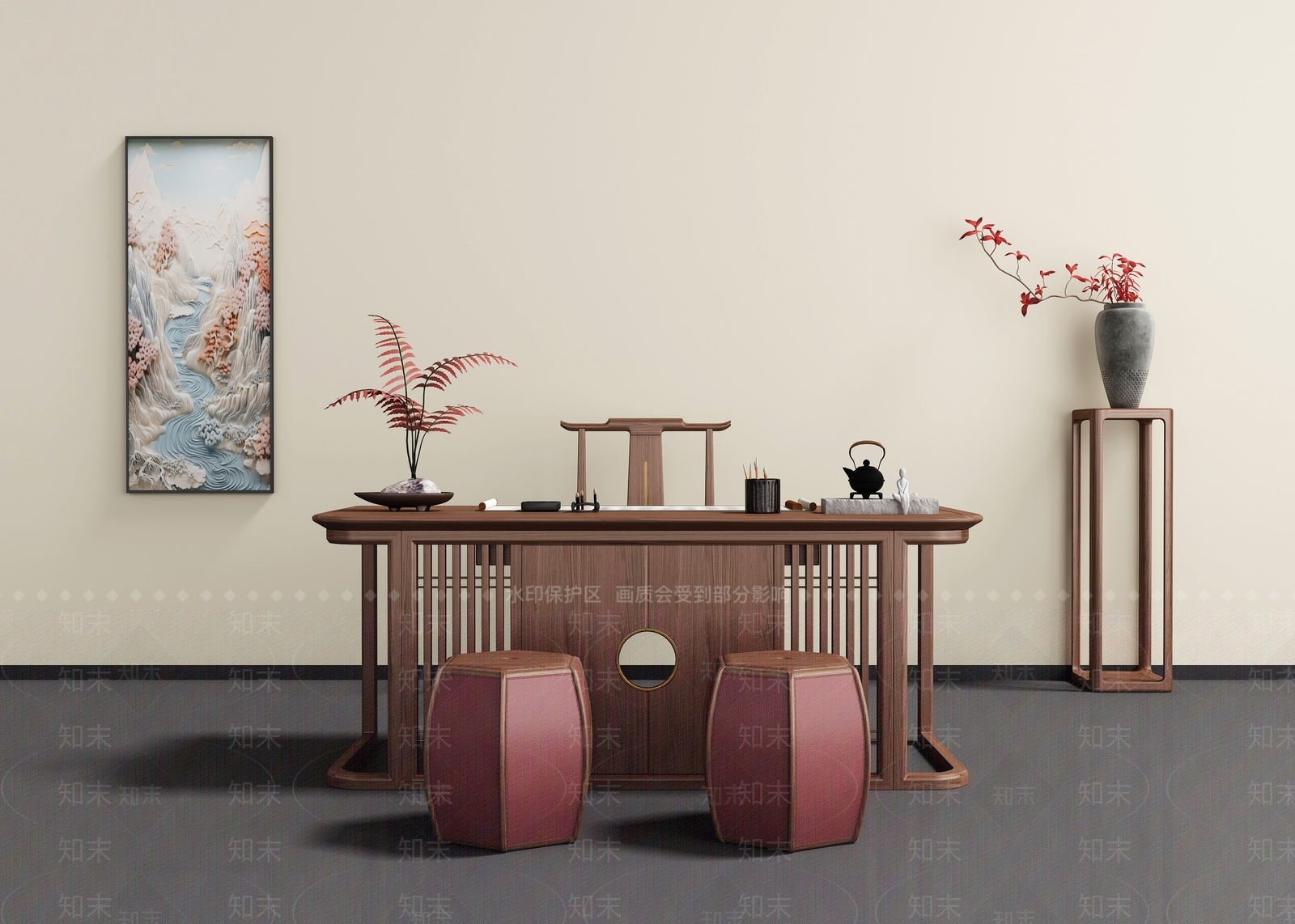 新中式书桌椅3D模型下载【ID:1195516596】