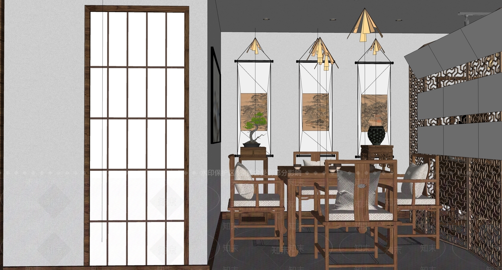 新中式中式茶室SU模型下载【ID:1195517843】