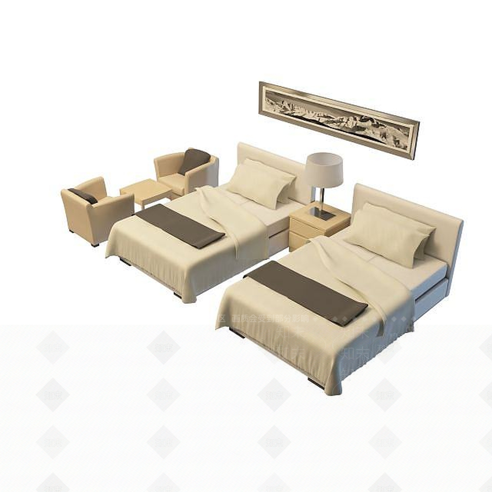 现代宾馆单人床3D模型下载【ID:1195534327】