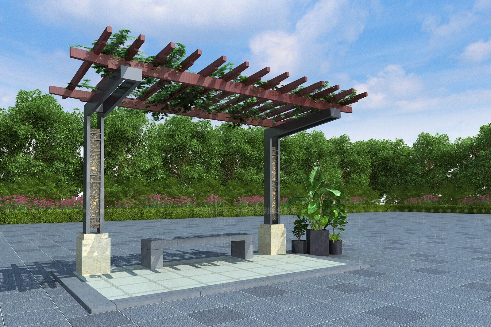 现代新中式廊架3D模型下载【ID:1195582030】