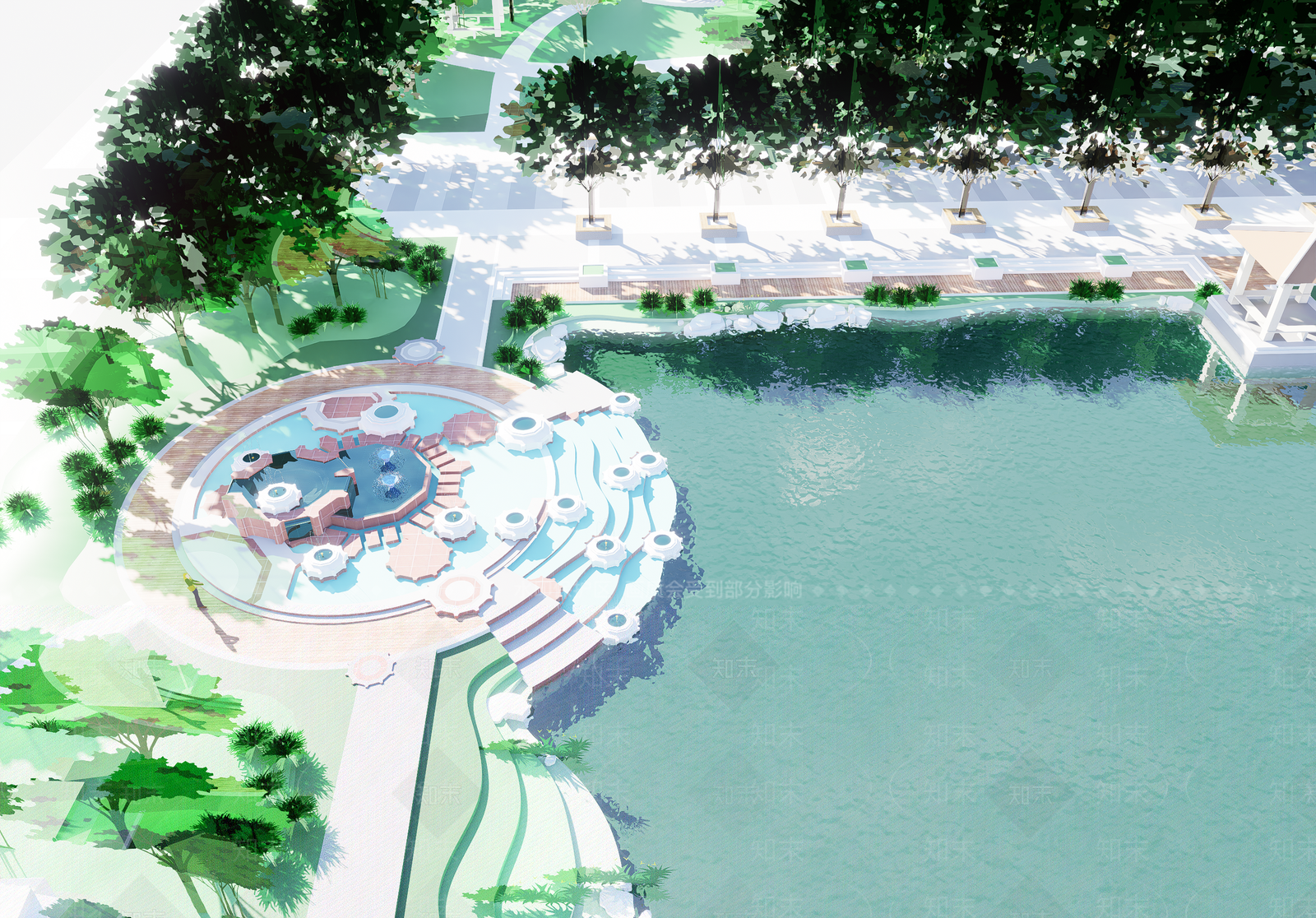现代滨水景观SU模型下载【ID:1195593775】