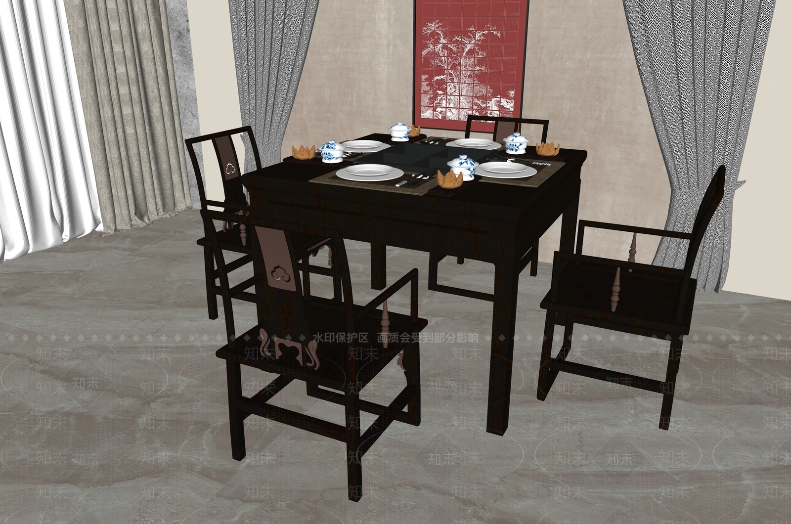 新中式餐桌椅SU模型下载【ID:1195606052】