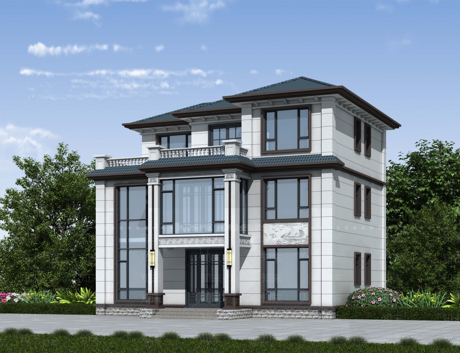 新中式别墅外观3D模型下载【ID:1195610507】