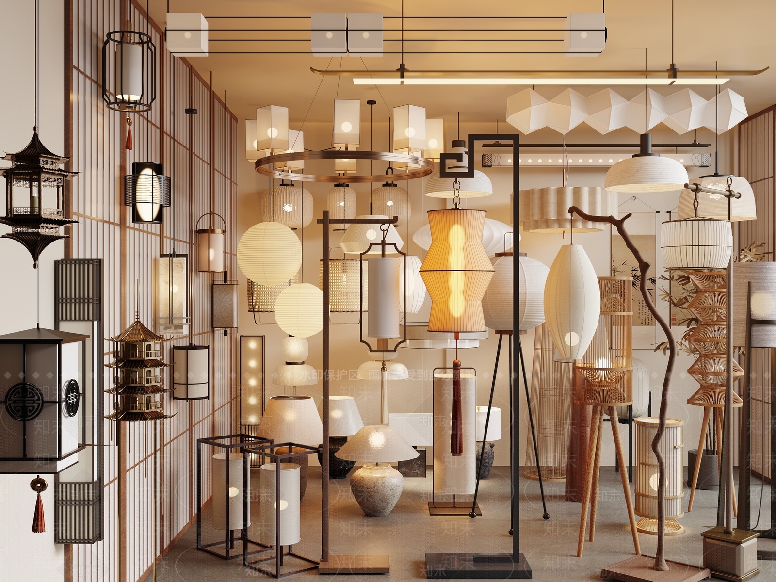 新中式中古灯具组合3D模型下载【ID:1195610858】
