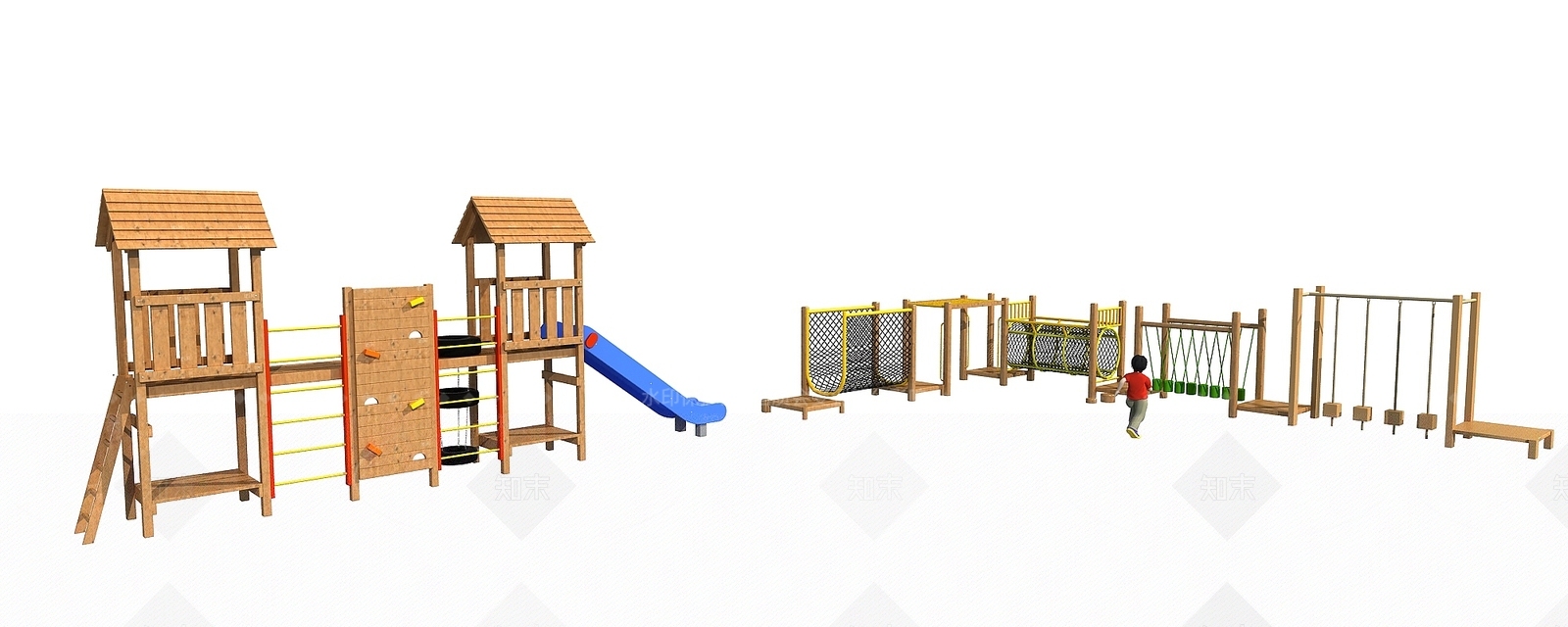 现代户外木制滑梯儿童游乐设施3D模型下载【ID:1195630072】