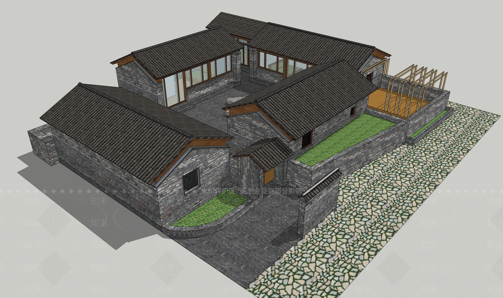 新中式中式民宿建筑SU模型下载【ID:1195637871】