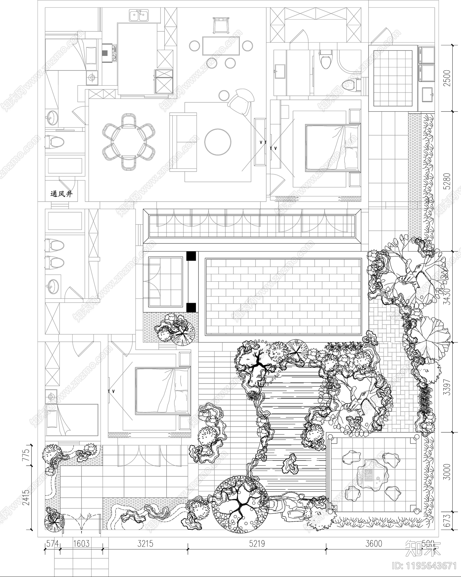 新中式中式庭院施工图下载【ID:1195643671】