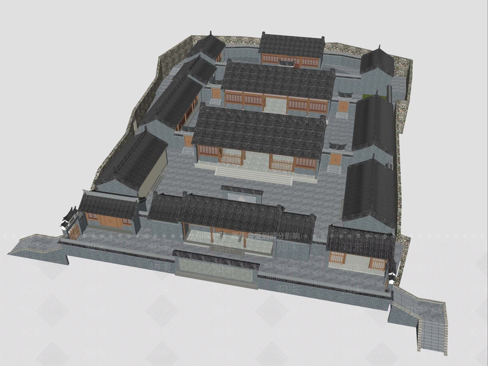 新中式中式古建筑SU模型下载【ID:1195672428】