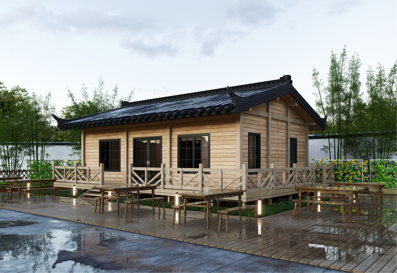 中式原木餐饮建筑SU模型下载【ID:1195675662】