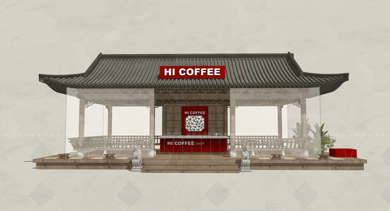 新中式原木咖啡厅SU模型下载【ID:1195700884】