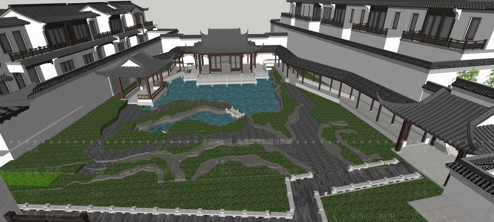 现代新中式小区景观SU模型下载【ID:1195707766】