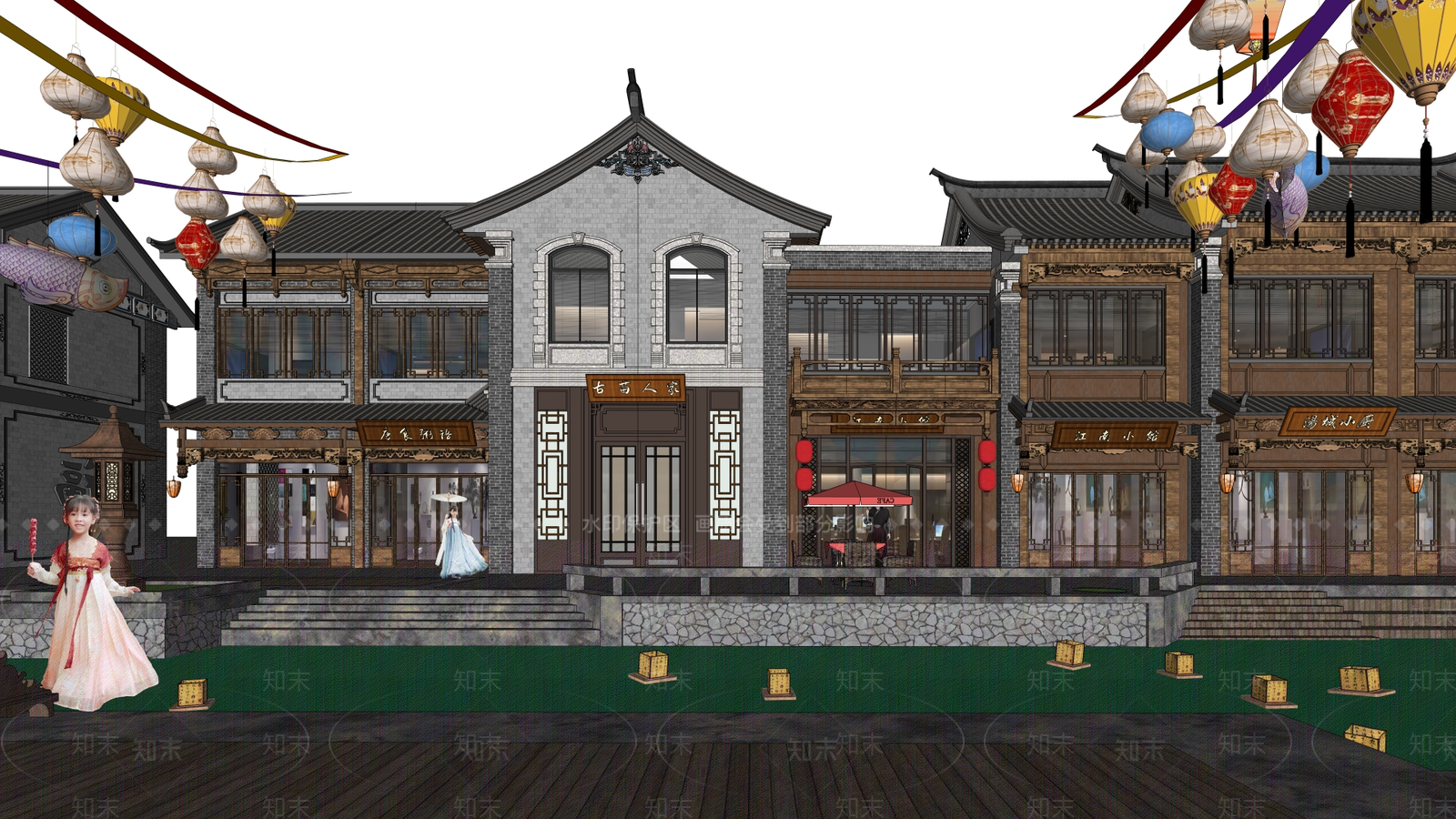 新中式中式商业街SU模型下载【ID:1195720347】