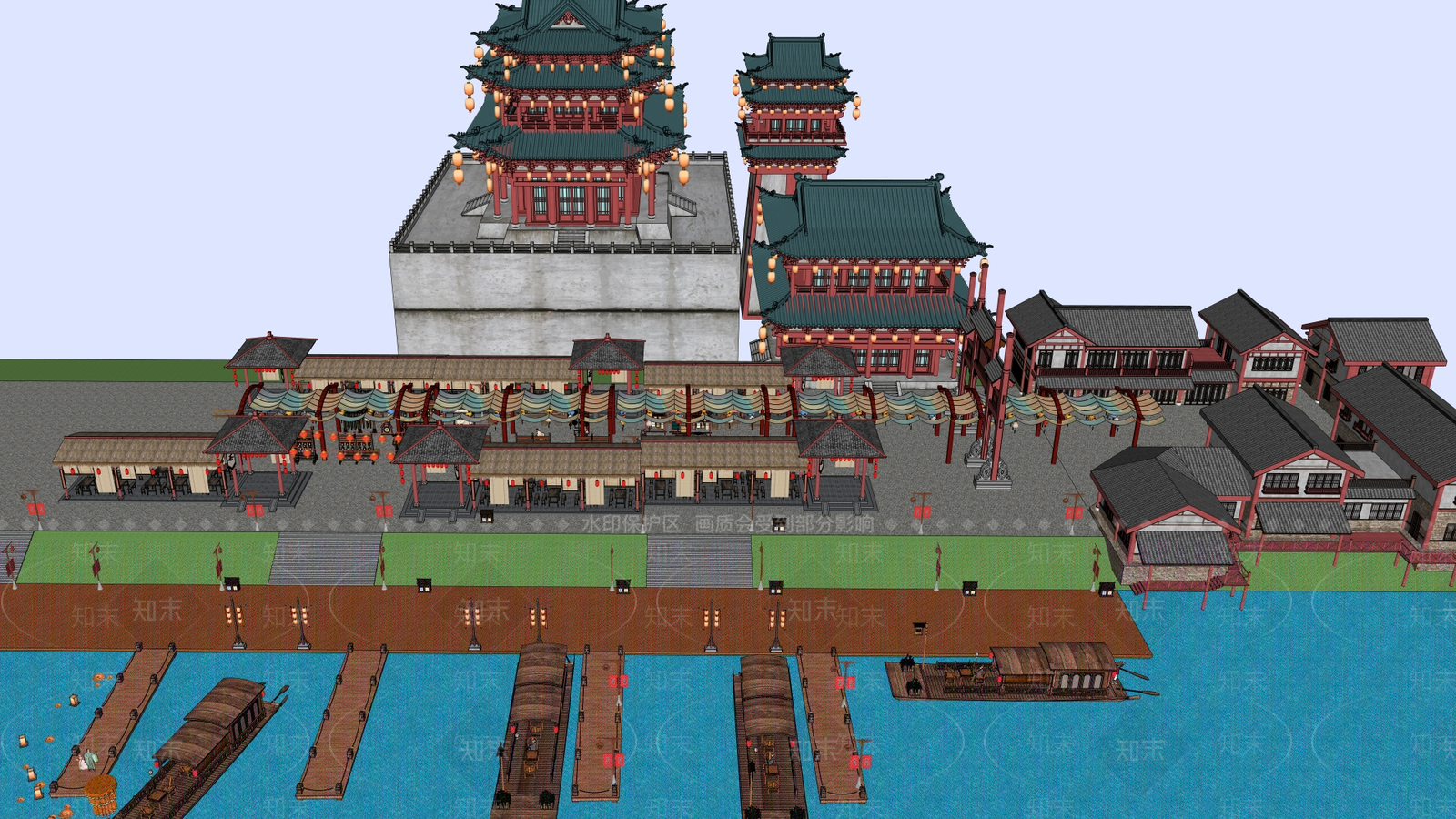 新中式中式商业街SU模型下载【ID:1195721134】