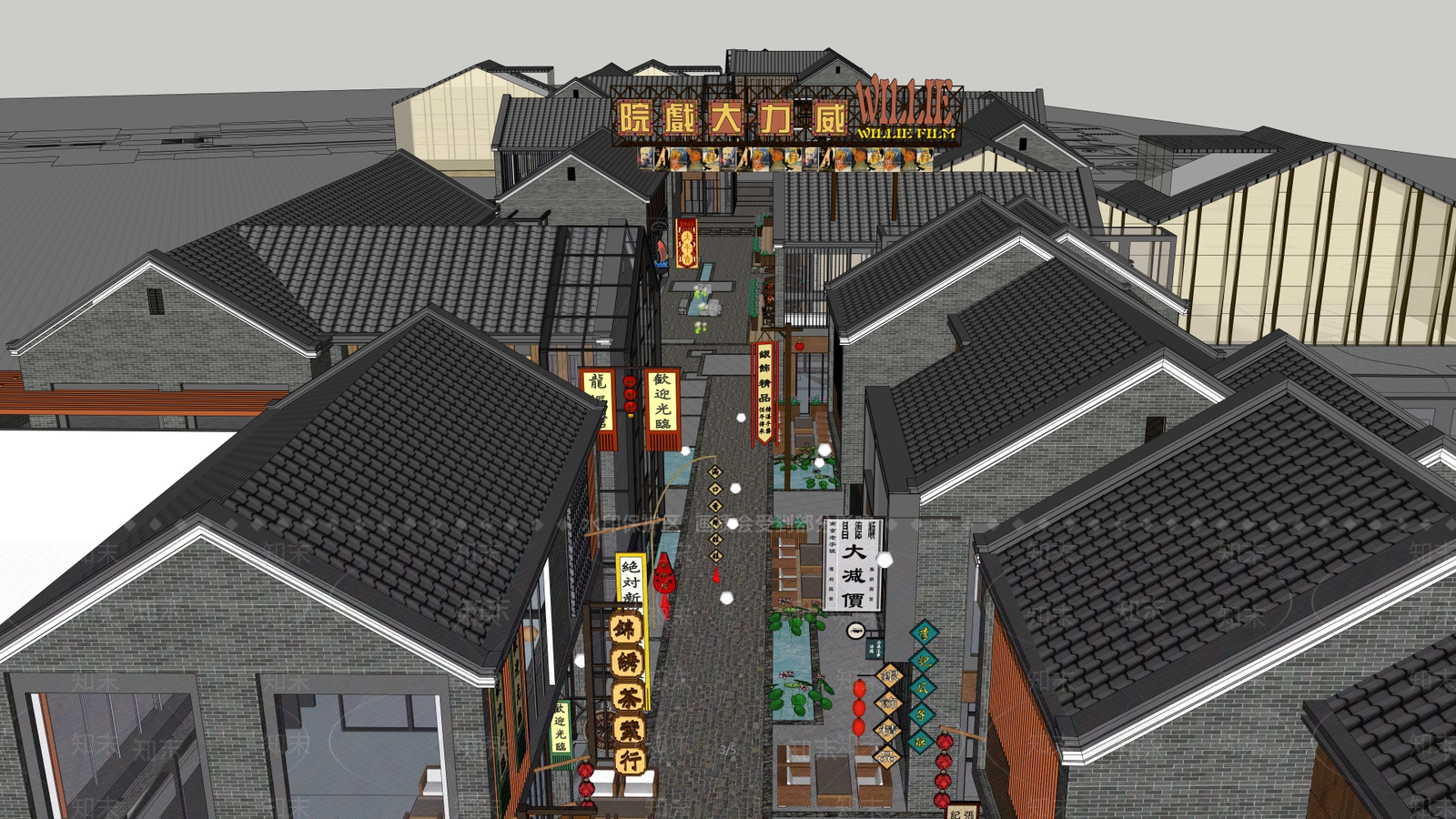 新中式中式商业街SU模型下载【ID:1195721480】