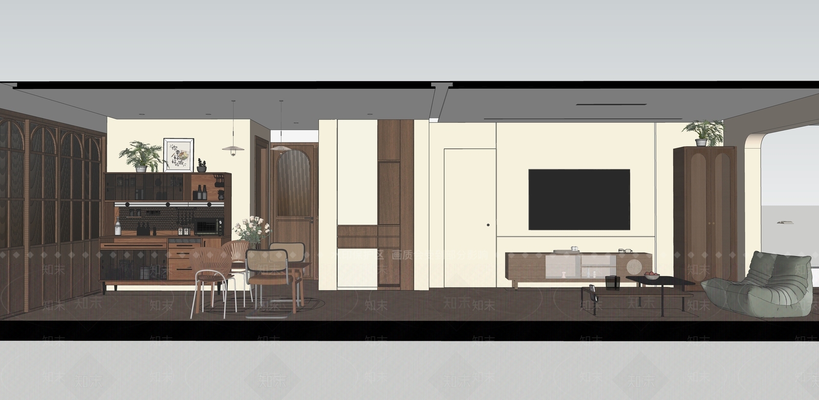 侘寂原木家居客厅SU模型下载【ID:1195738243】