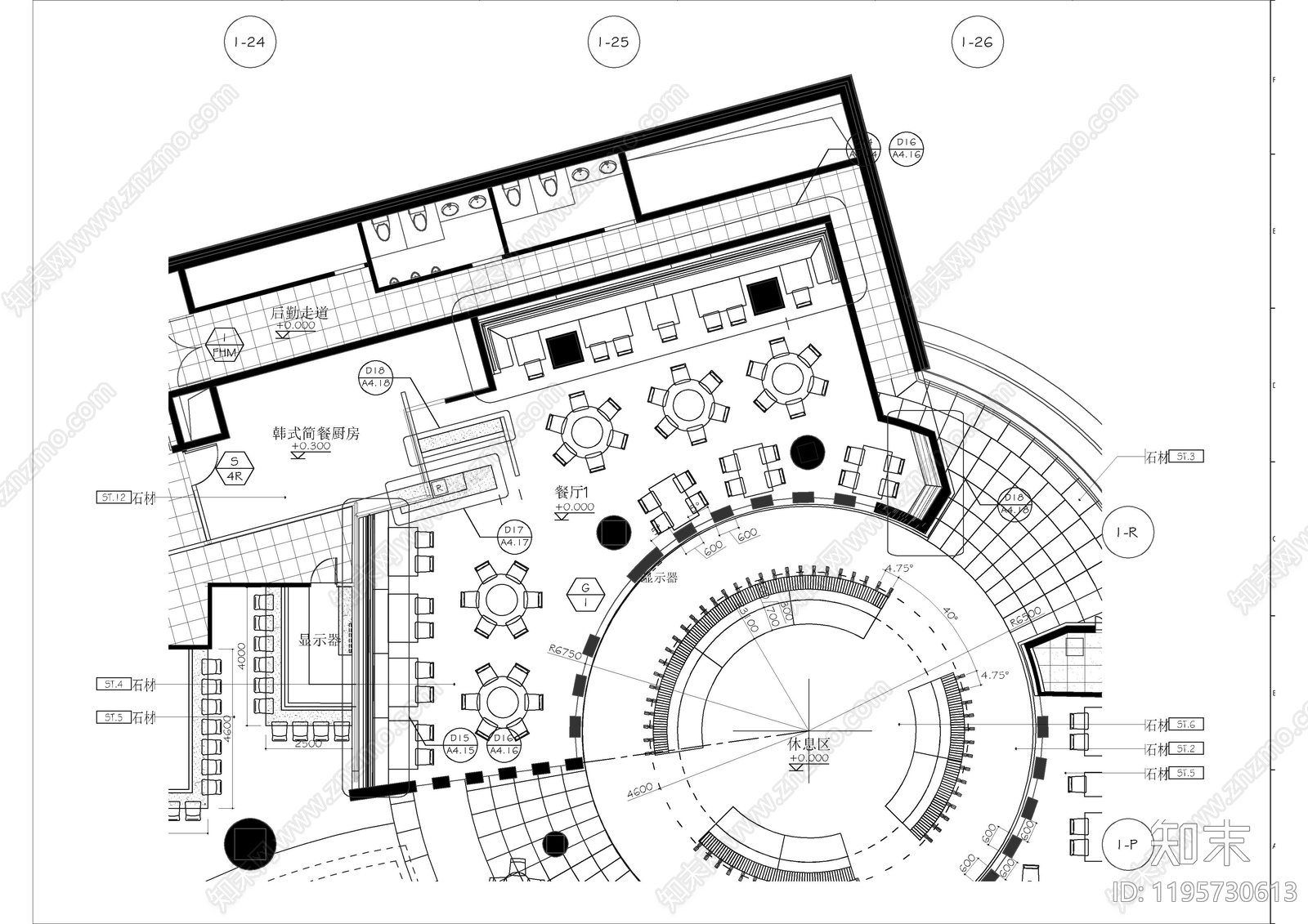 现代自助餐厅cad施工图下载【ID:1195730613】