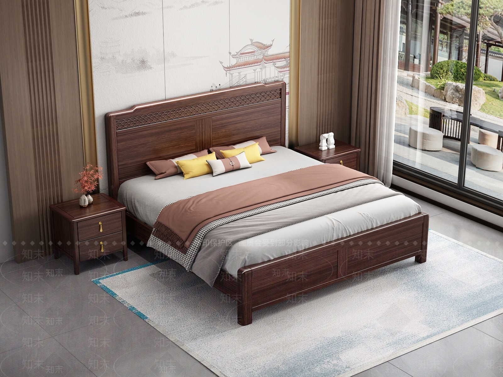 新中式中式双人床3D模型下载【ID:1195735528】