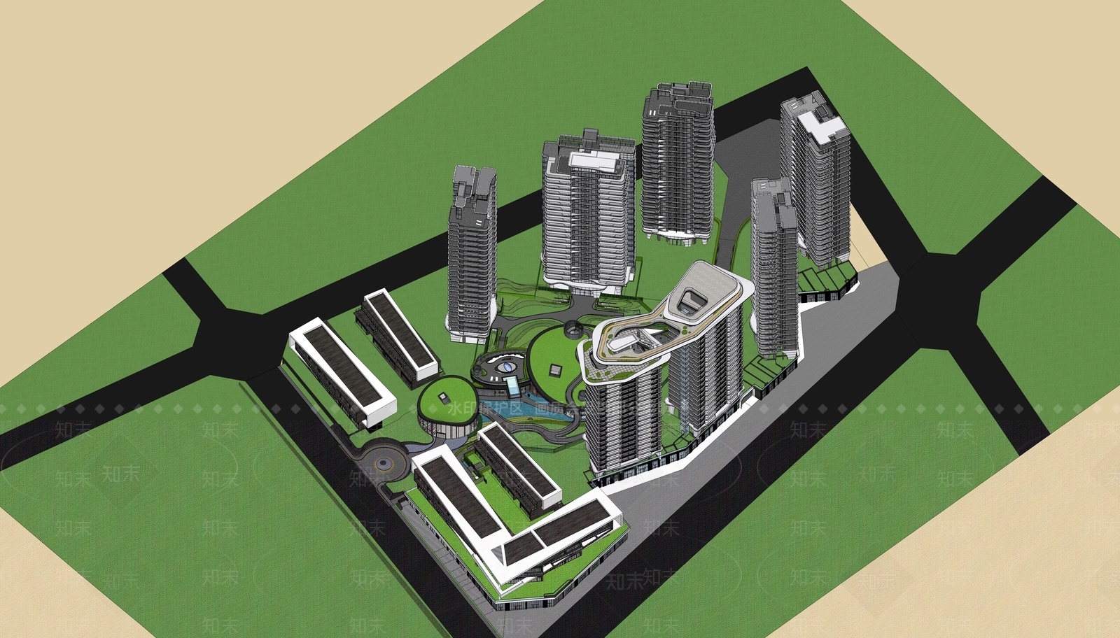 现代小区建筑SU模型下载【ID:1195738989】