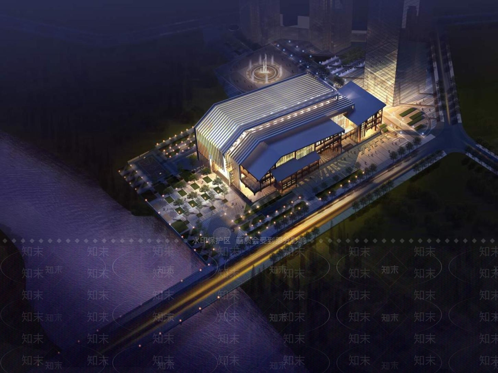 新中式图书馆外观3D模型下载【ID:1195760595】