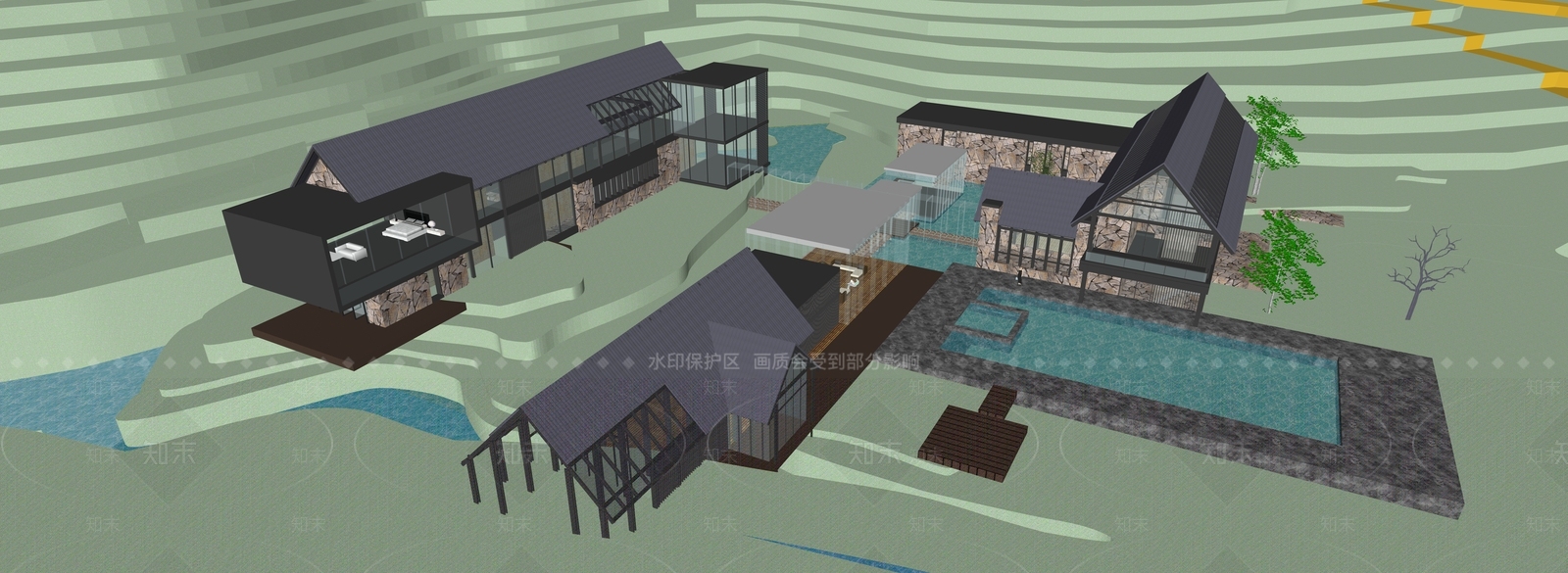 新中式轻奢民宿建筑SU模型下载【ID:1195765950】