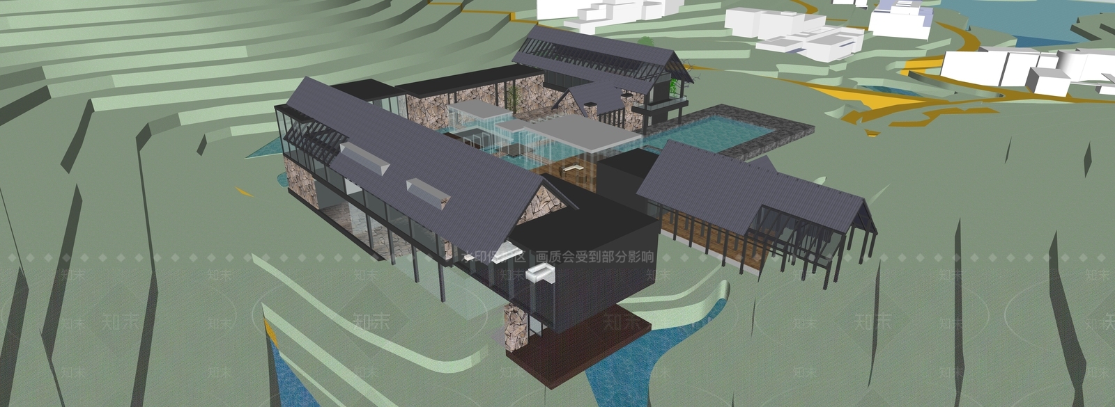 新中式轻奢民宿建筑SU模型下载【ID:1195765950】