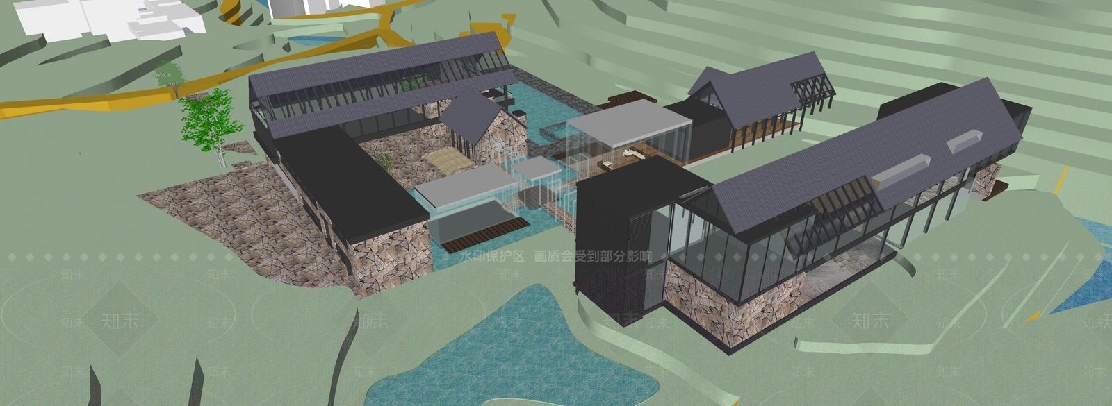 新中式轻奢民宿建筑SU模型下载【ID:1195765950】