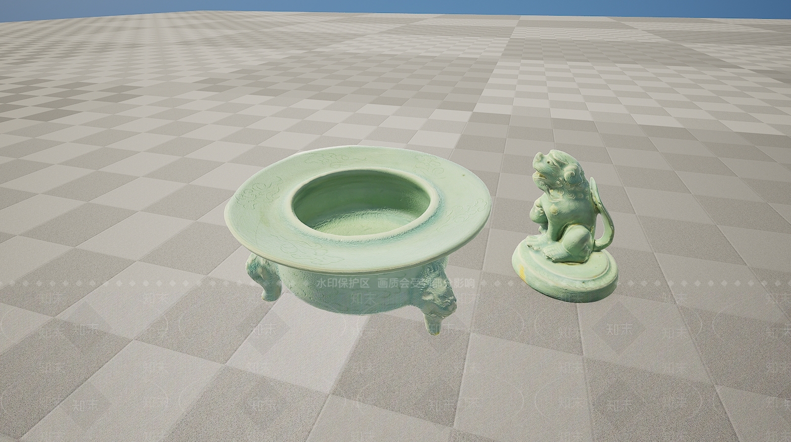 现代文物铁胎青釉睡莲三足熏炉3D模型下载【ID:1195768925】