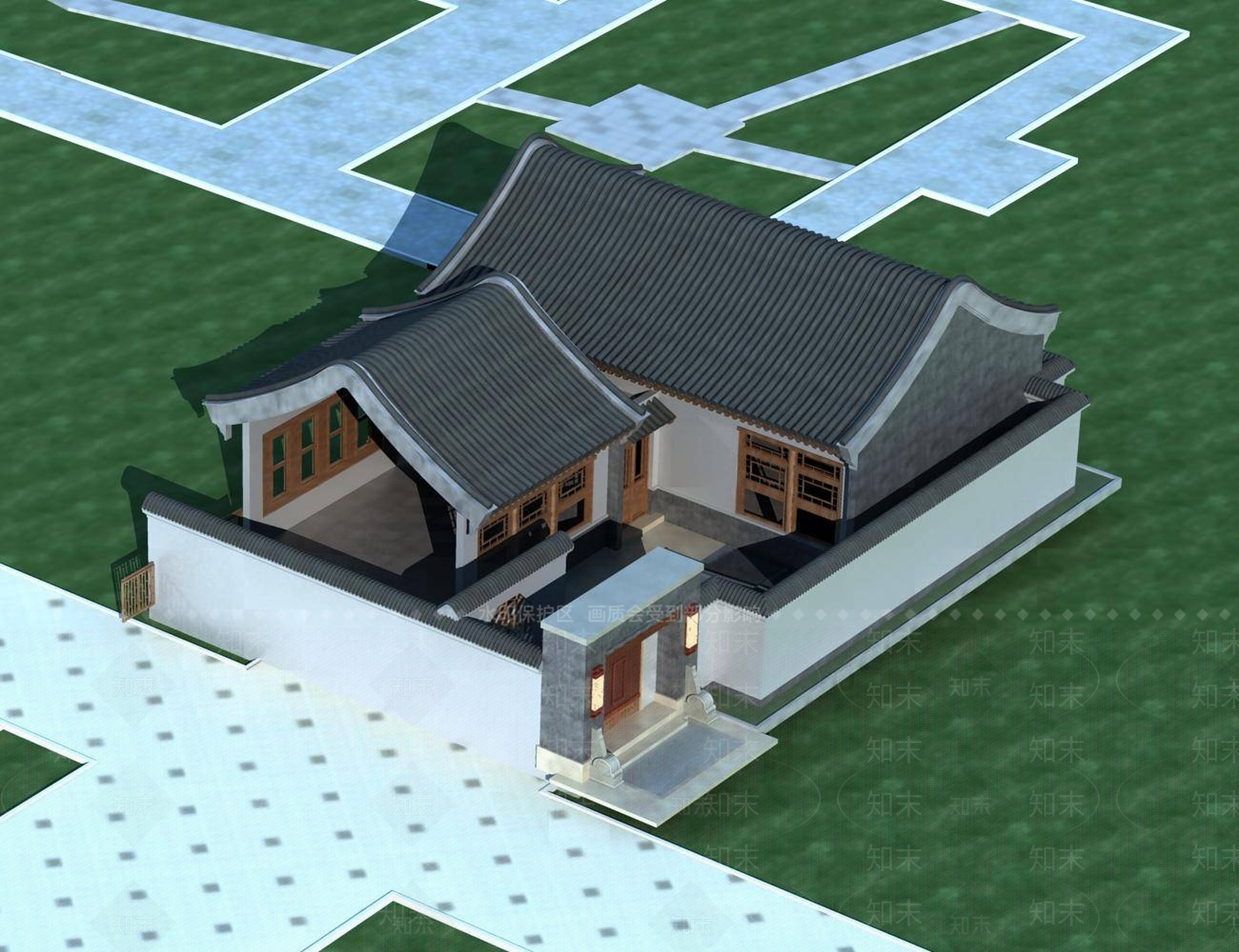 中式别墅外观3D模型下载【ID:1195776719】