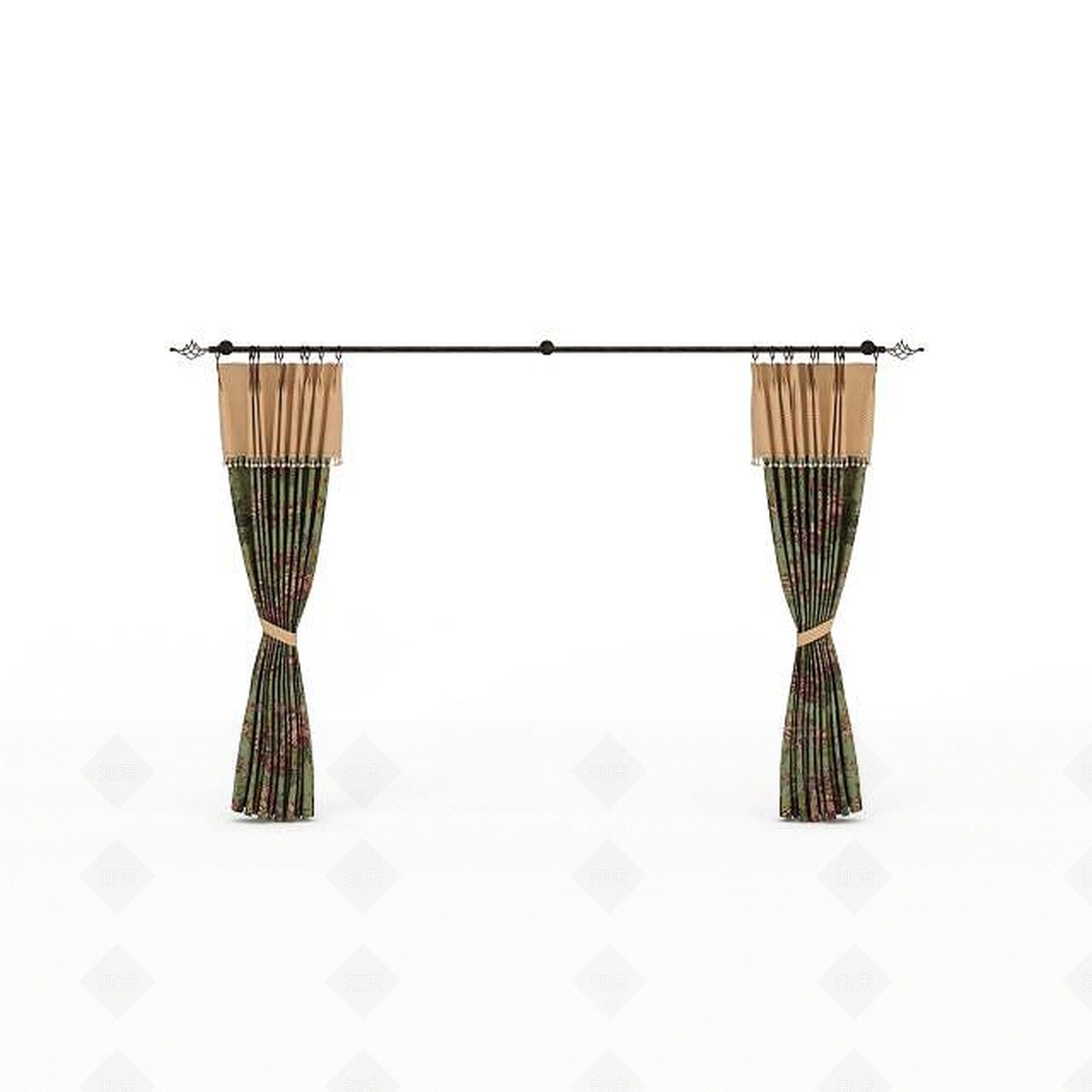 现代绿色印花窗帘3D模型下载【ID:1195779179】
