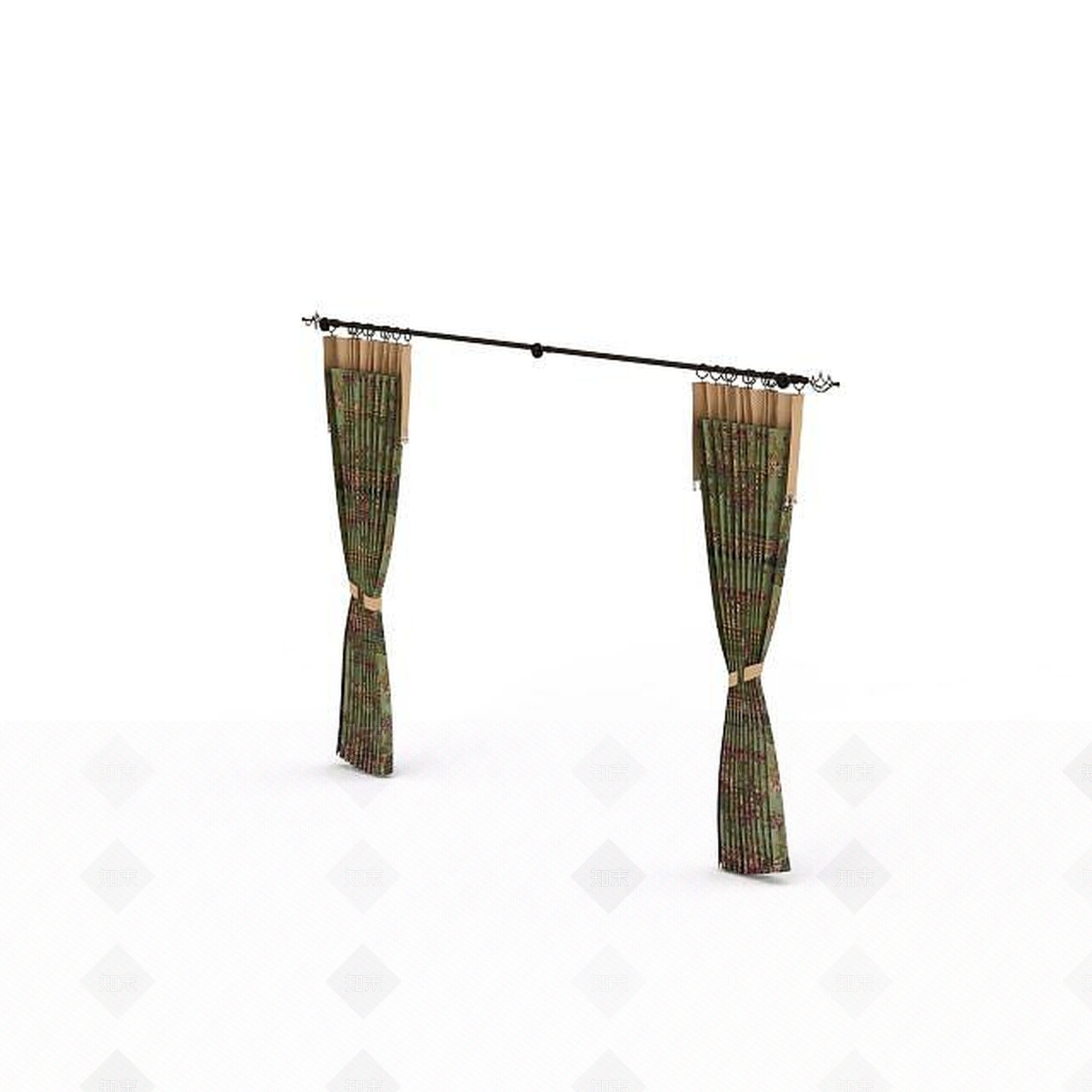 现代绿色印花窗帘3D模型下载【ID:1195779179】
