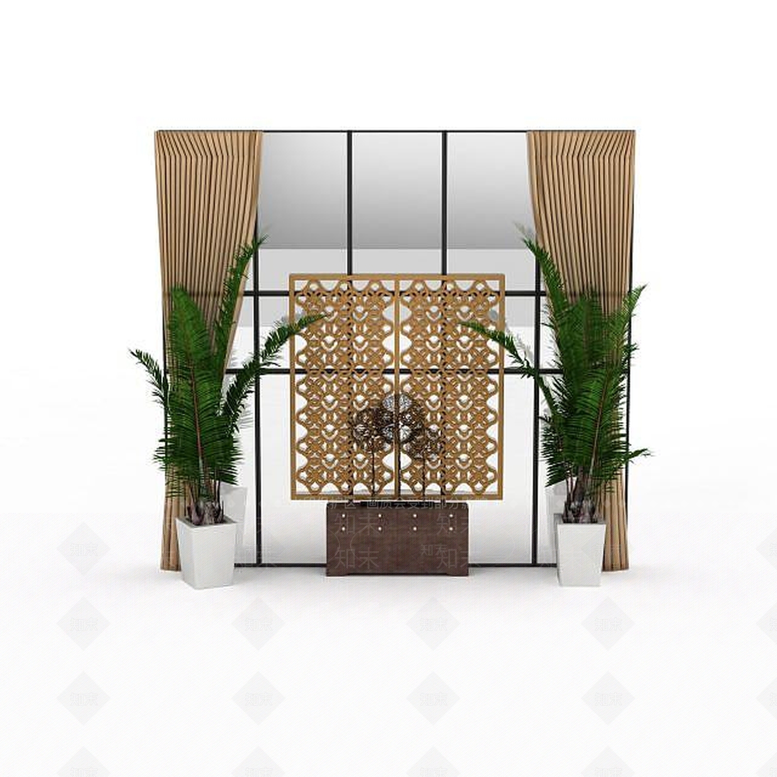 现代客厅麻布窗帘3D模型下载【ID:1195779219】