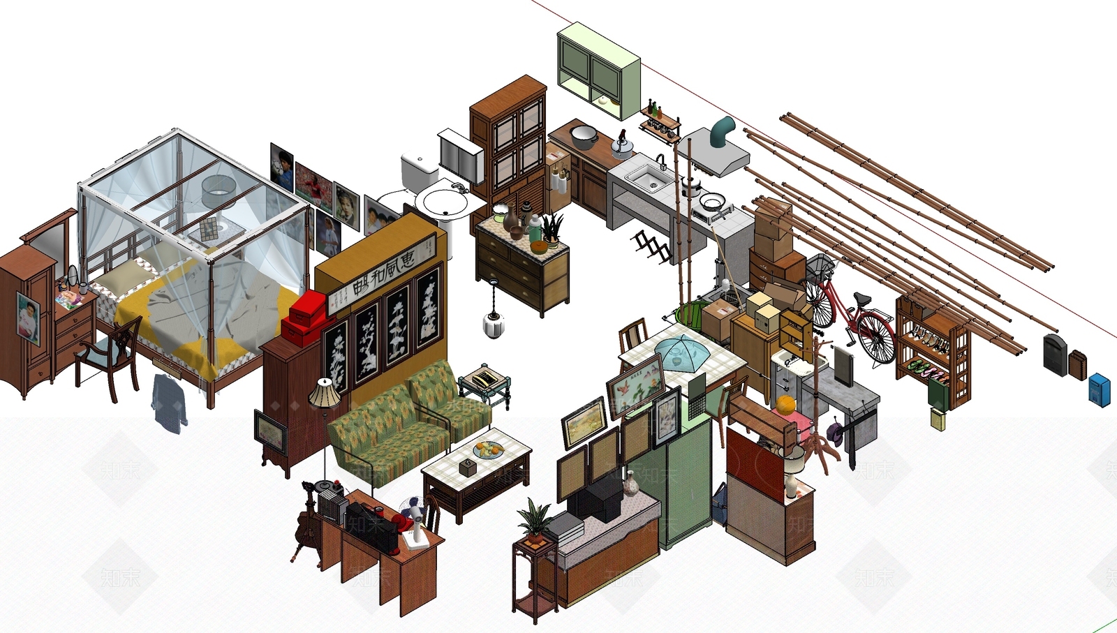 中式复古家装鸟瞰SU模型下载【ID:1195782569】