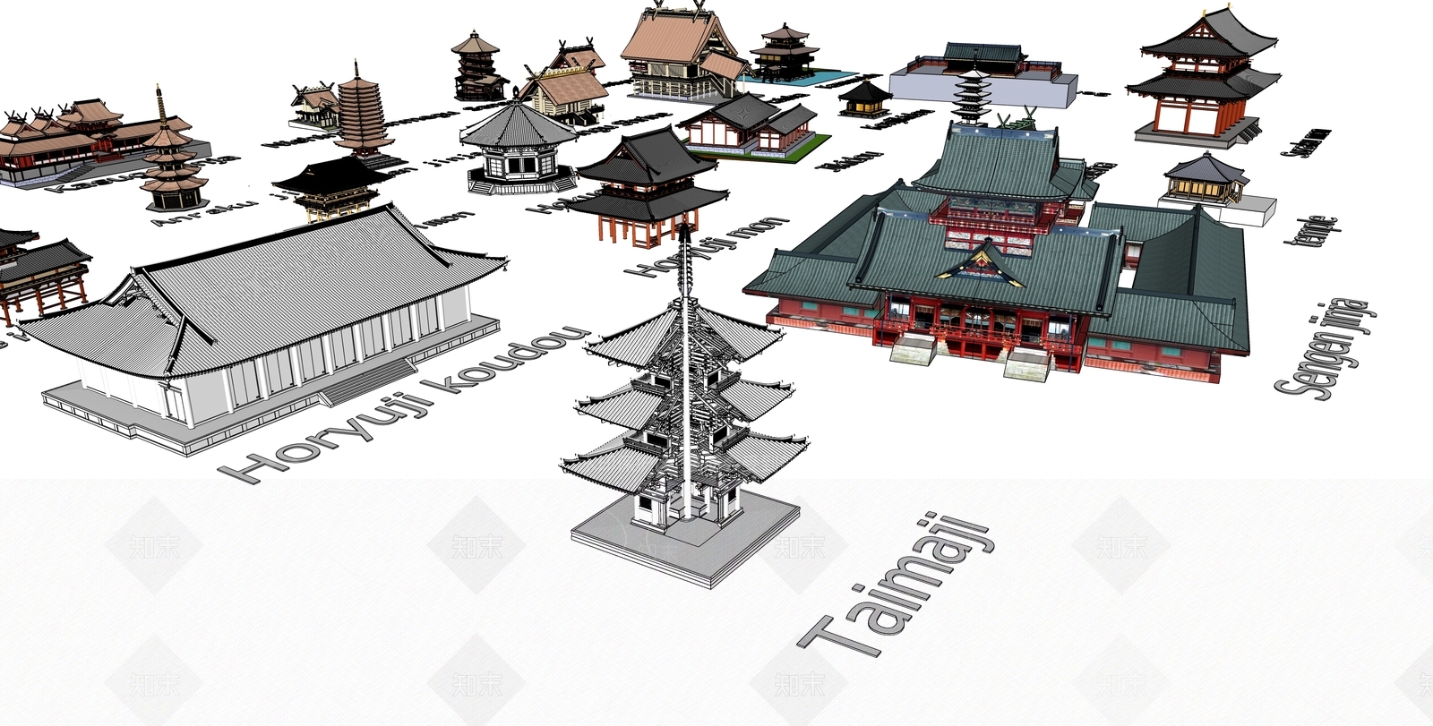 日式中式寺庙建筑SU模型下载【ID:1195826859】