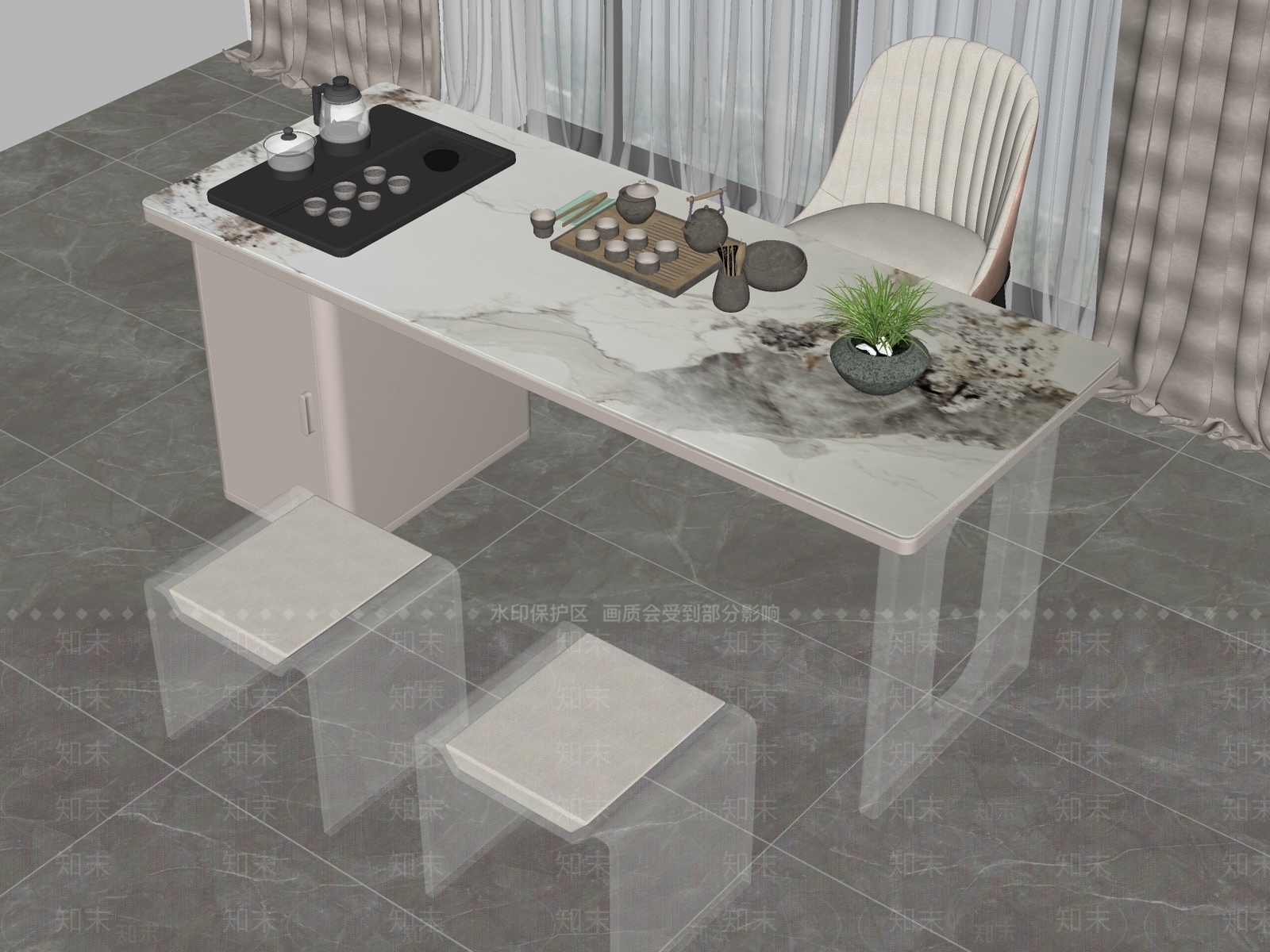 现代轻奢茶桌椅SU模型下载【ID:1195839091】