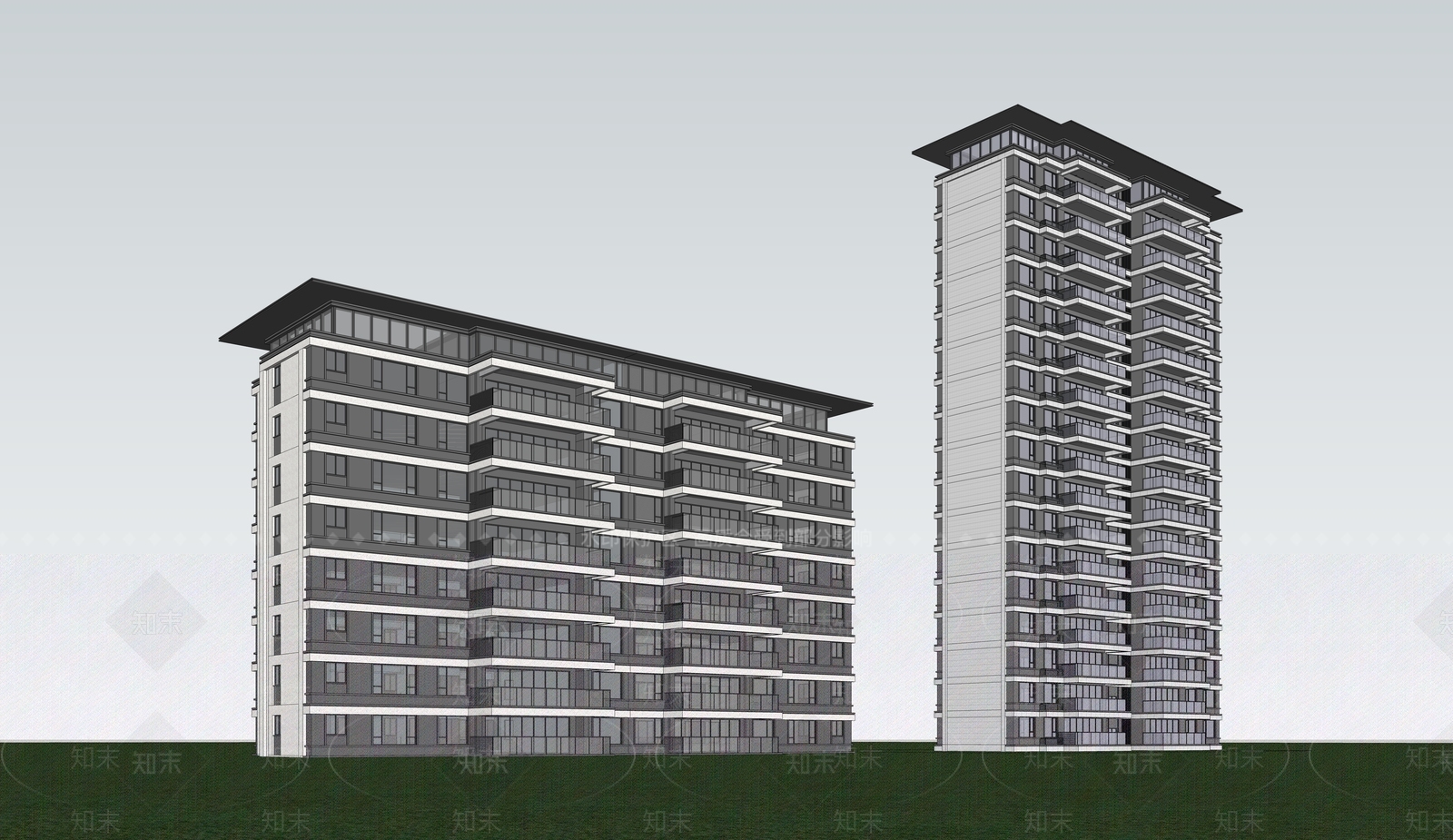 新中式高层住宅SU模型下载【ID:1195851209】