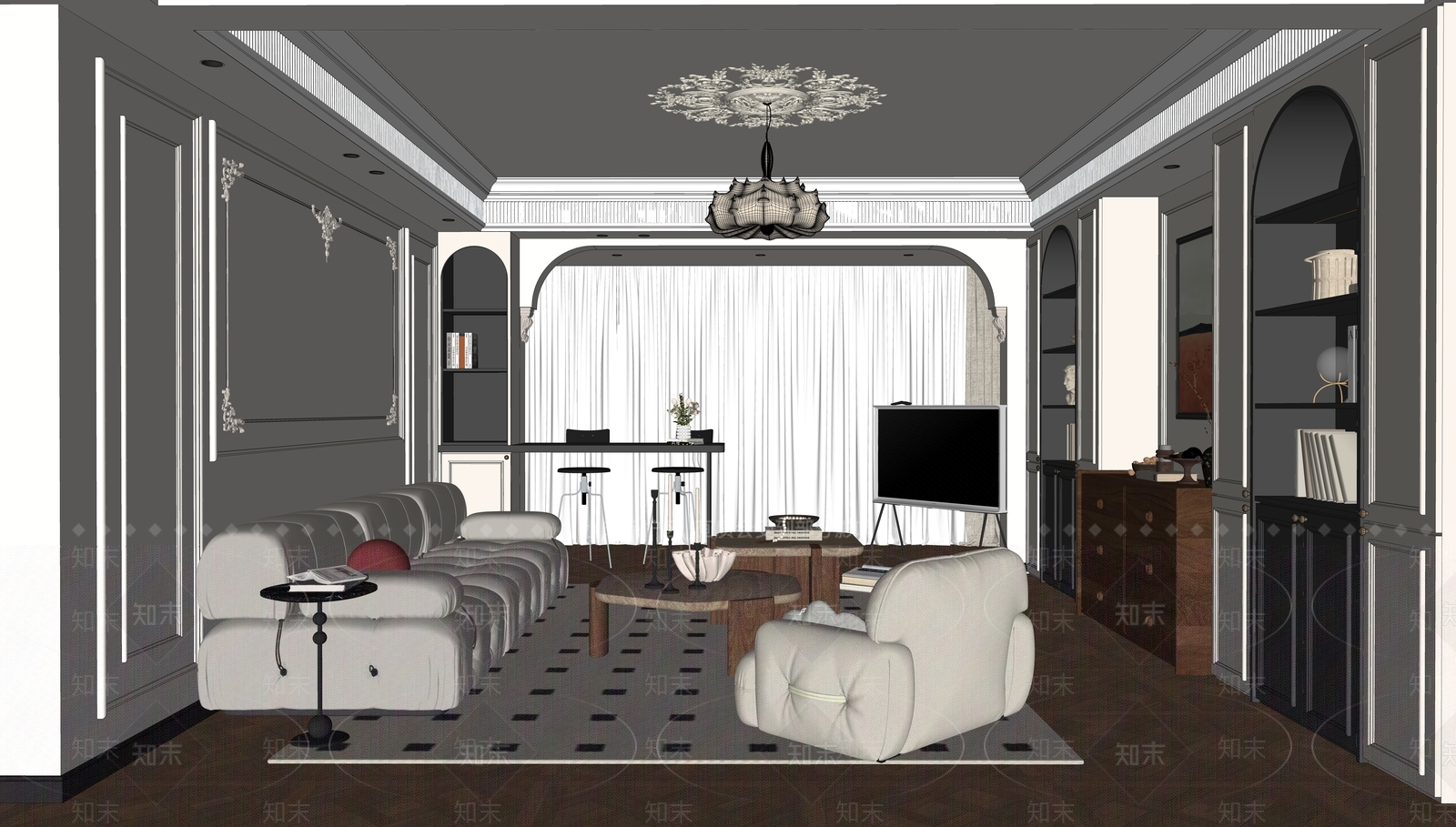 法式复古家居客厅SU模型下载【ID:1195854575】