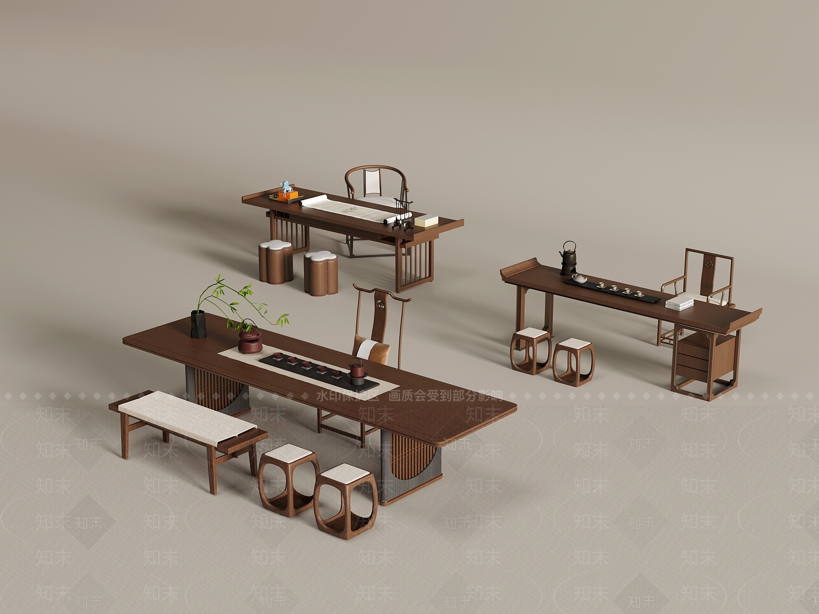 新中式茶桌椅3D模型下载【ID:1195861232】
