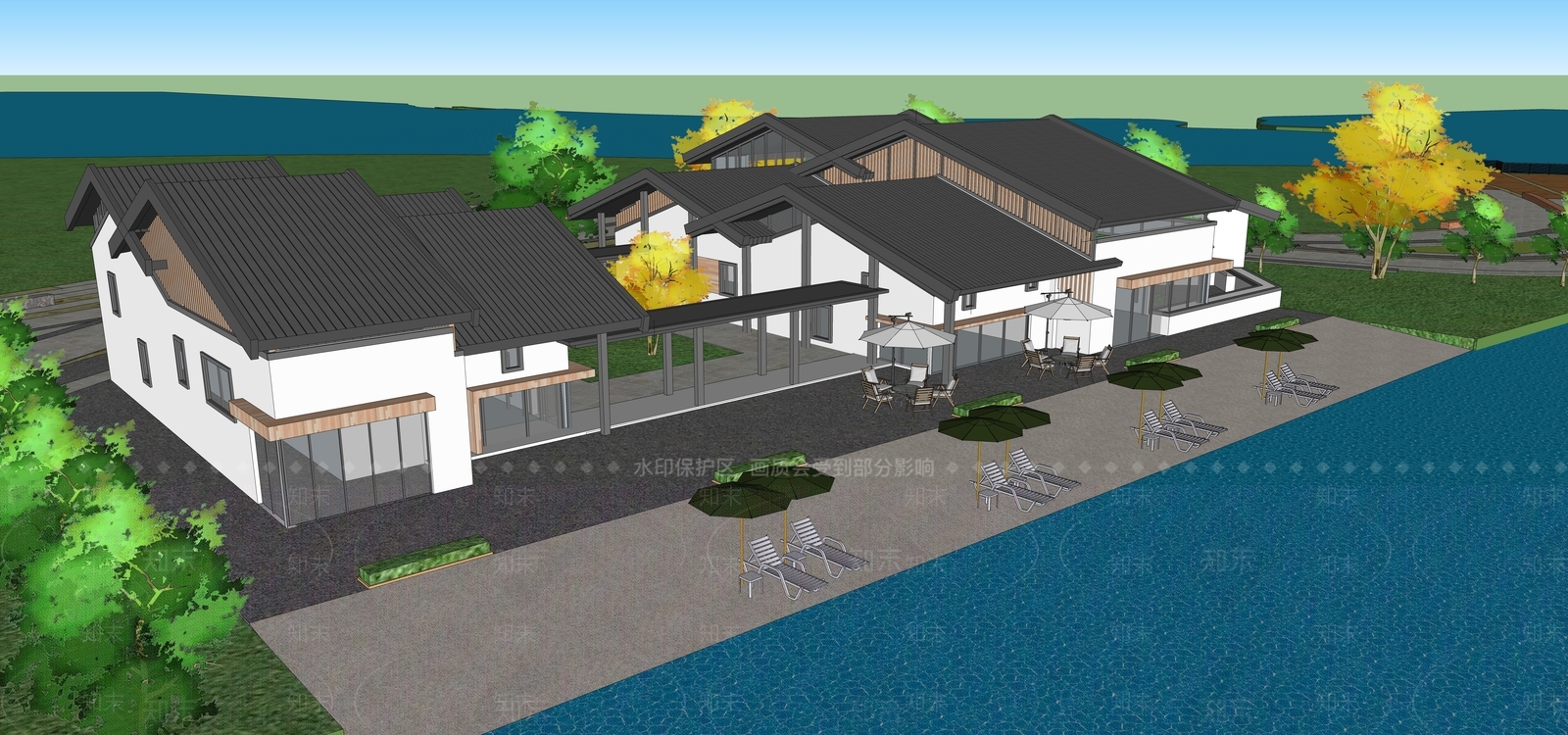 新中式民宿建筑SU模型下载【ID:1195868632】