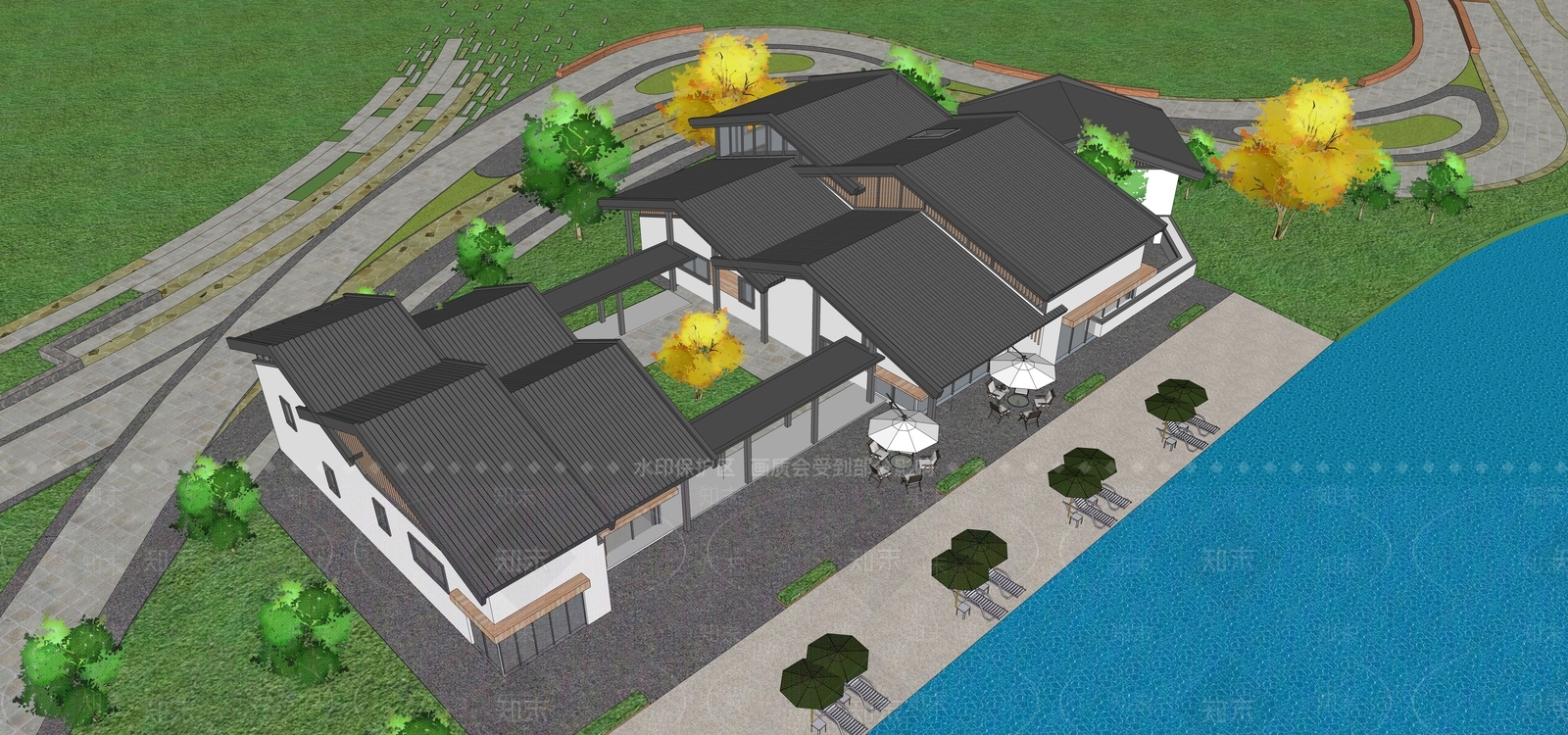 新中式民宿建筑SU模型下载【ID:1195868632】
