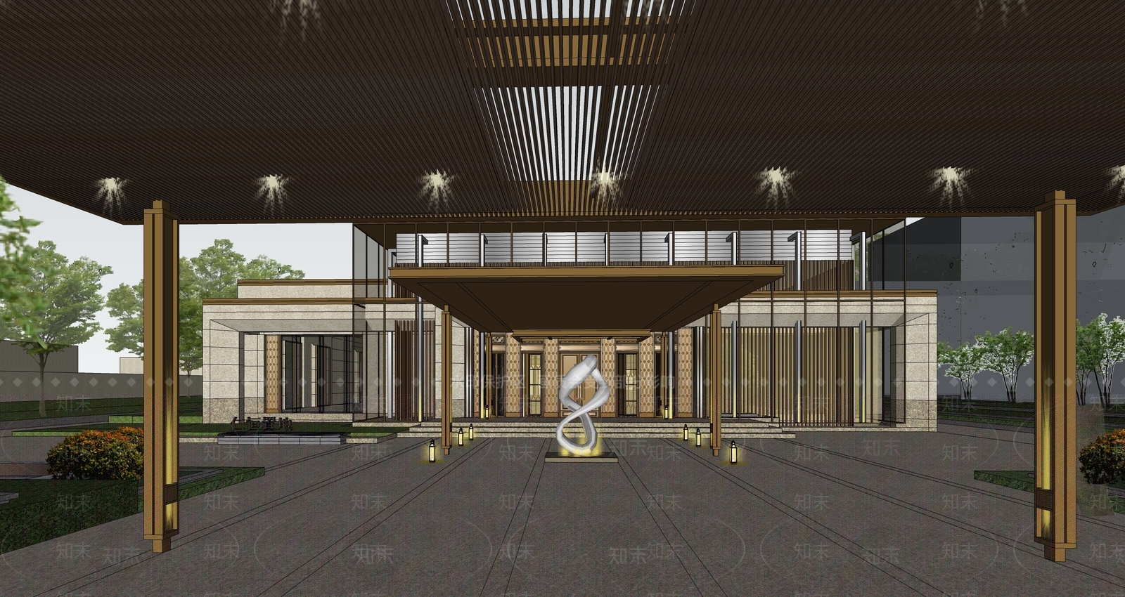 新中式售楼处建筑SU模型下载【ID:1195879856】