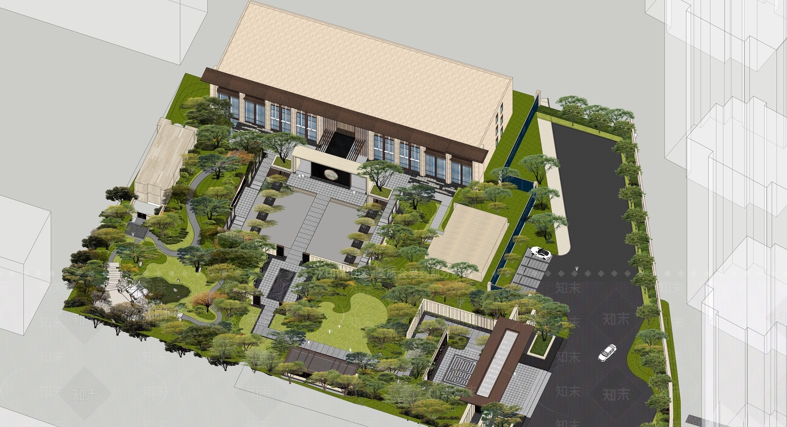 新中式酒店建筑SU模型下载【ID:1195894212】