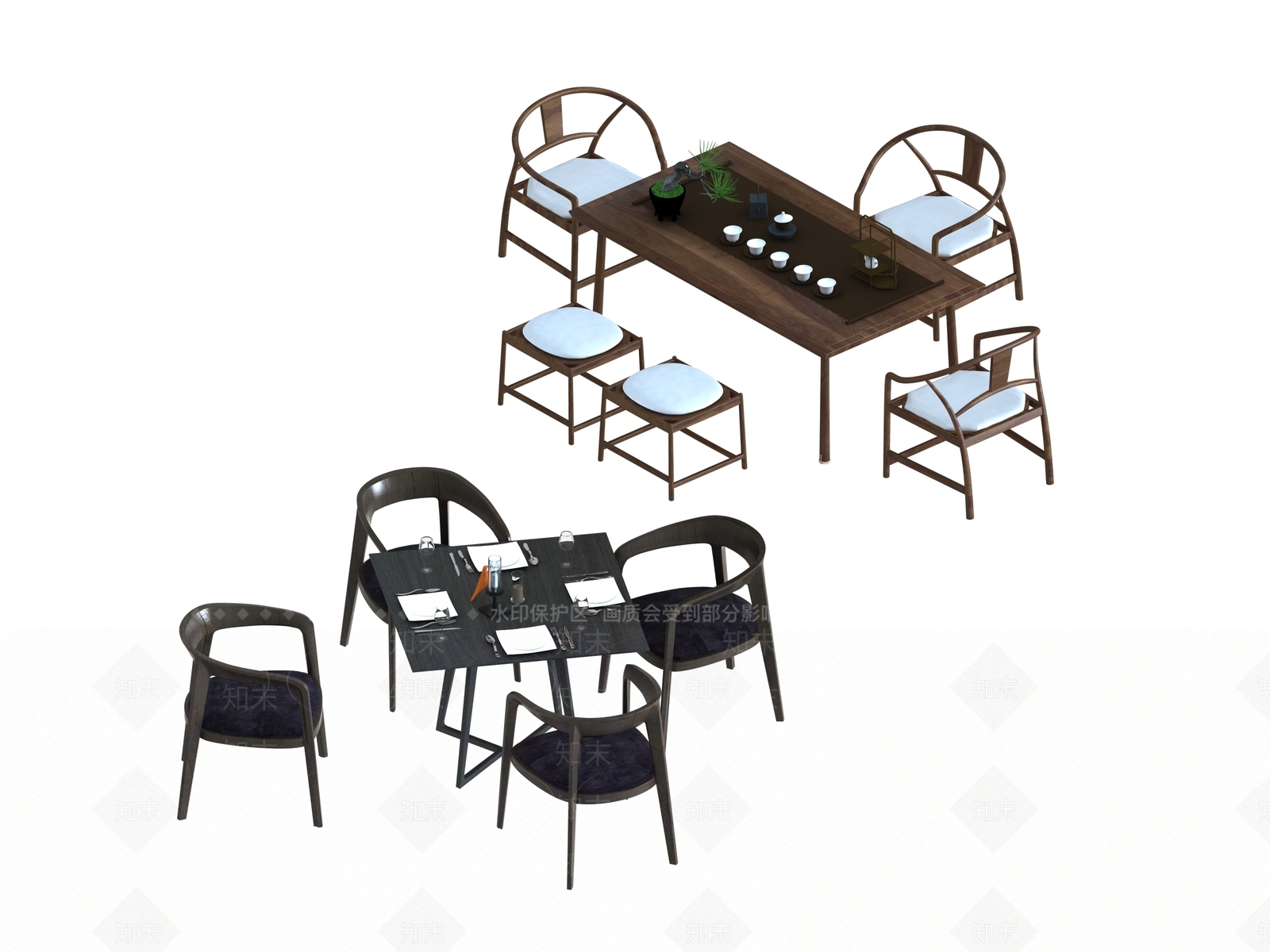 现代新中式茶桌椅3D模型下载【ID:1195899323】