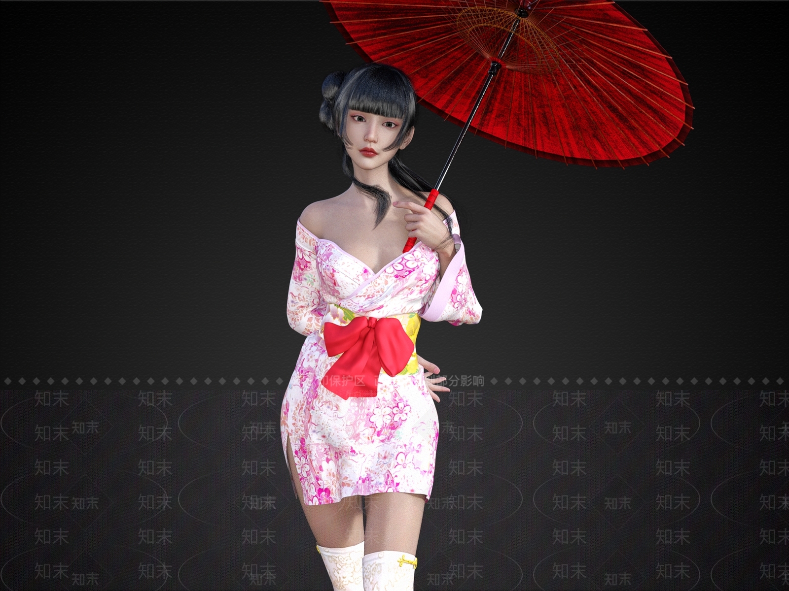 日式美女和服美女撑伞的3D模型下载【ID:1195900457】