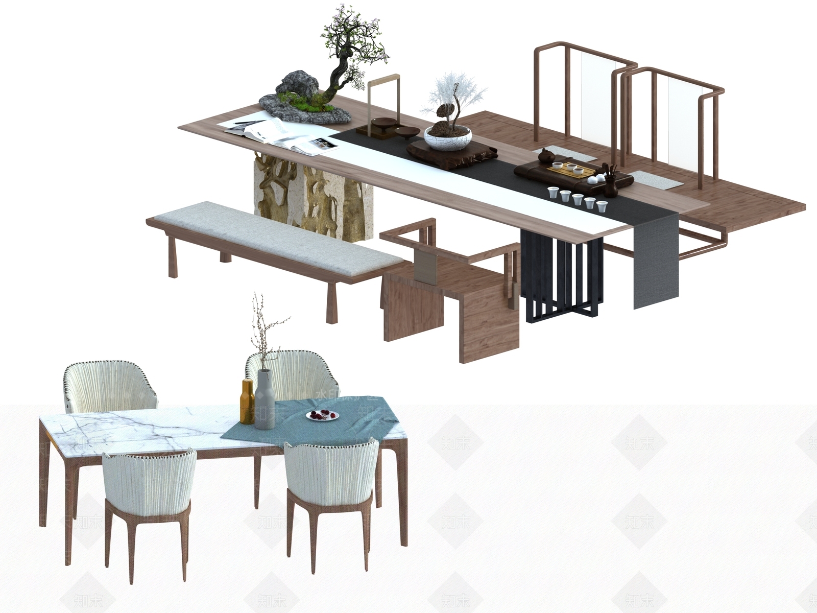 现代新中式茶桌椅3D模型下载【ID:1195905465】