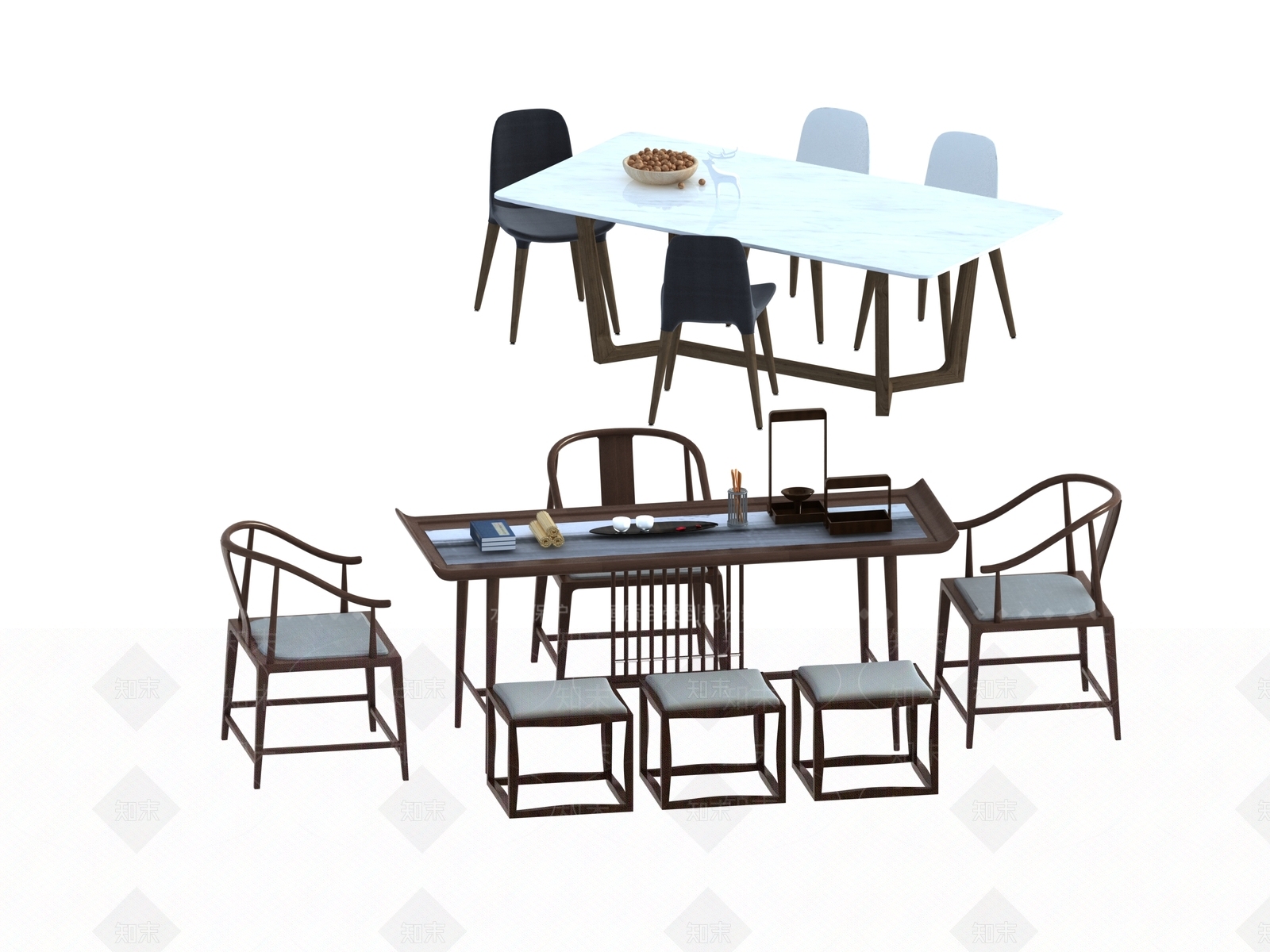 现代新中式茶桌椅3D模型下载【ID:1195906175】