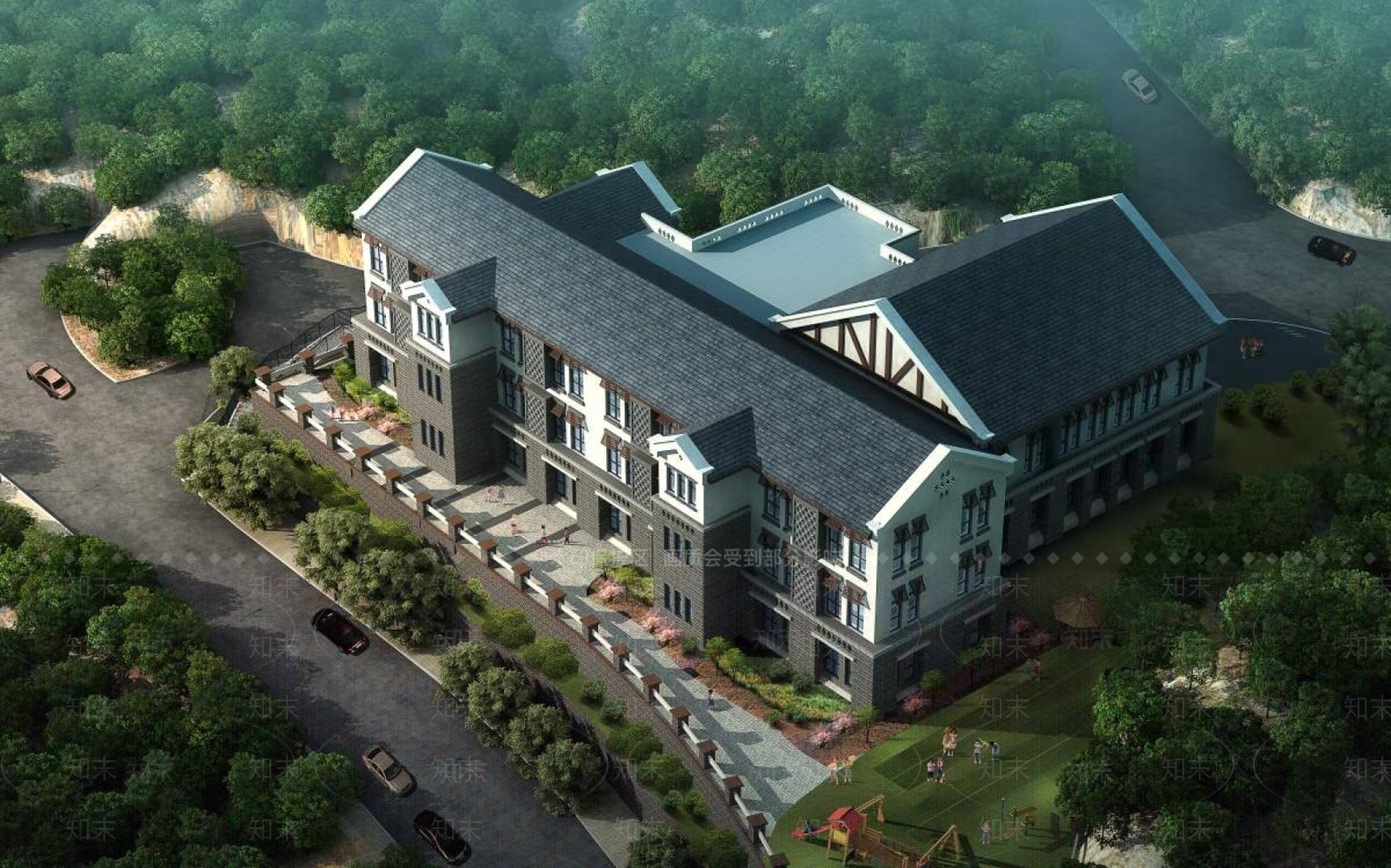 新中式学校外观3D模型下载【ID:1195915061】