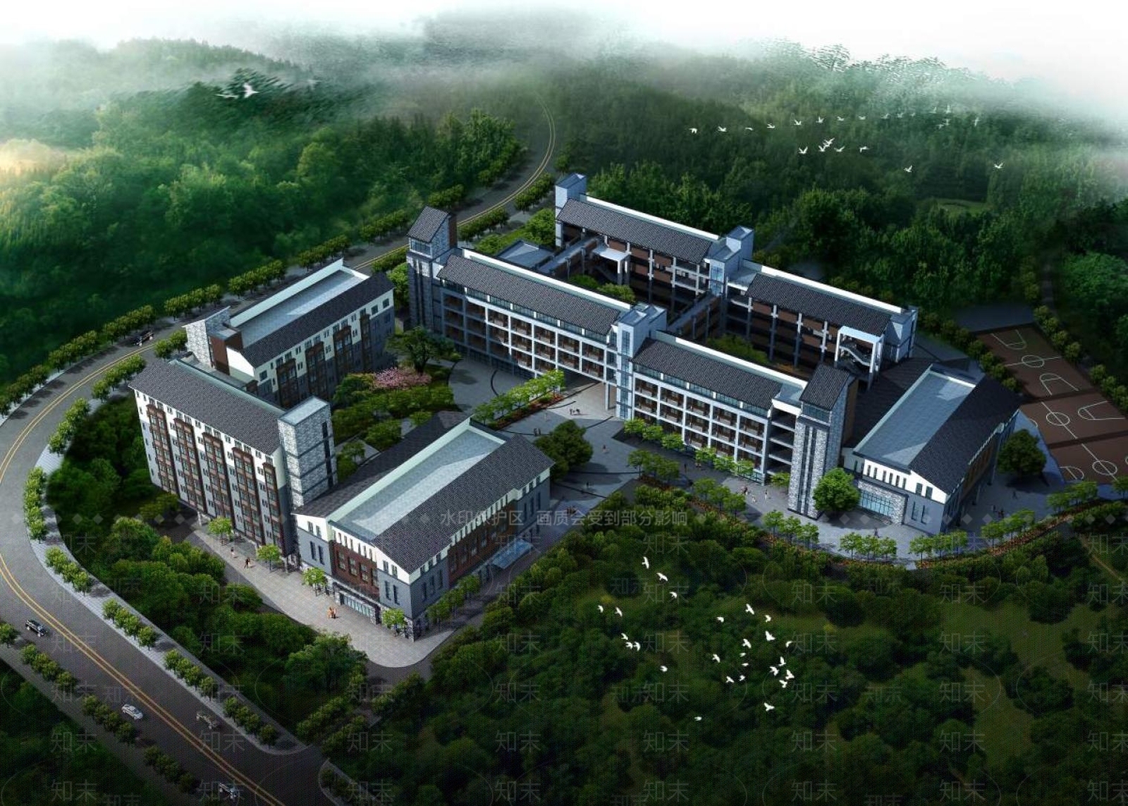 中式学校外观3D模型下载【ID:1195925955】
