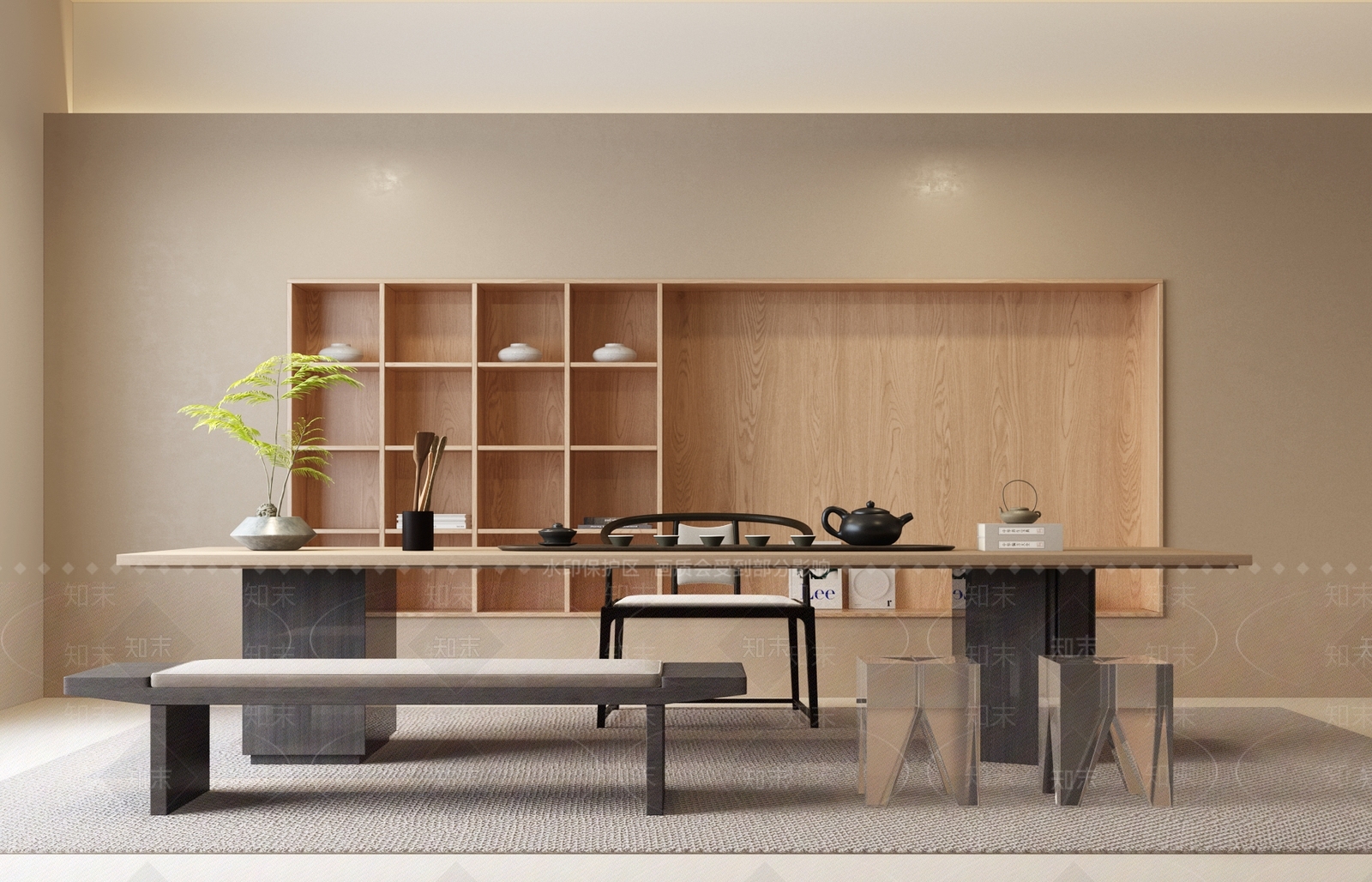 新中式原木茶室SU模型下载【ID:1195934854】