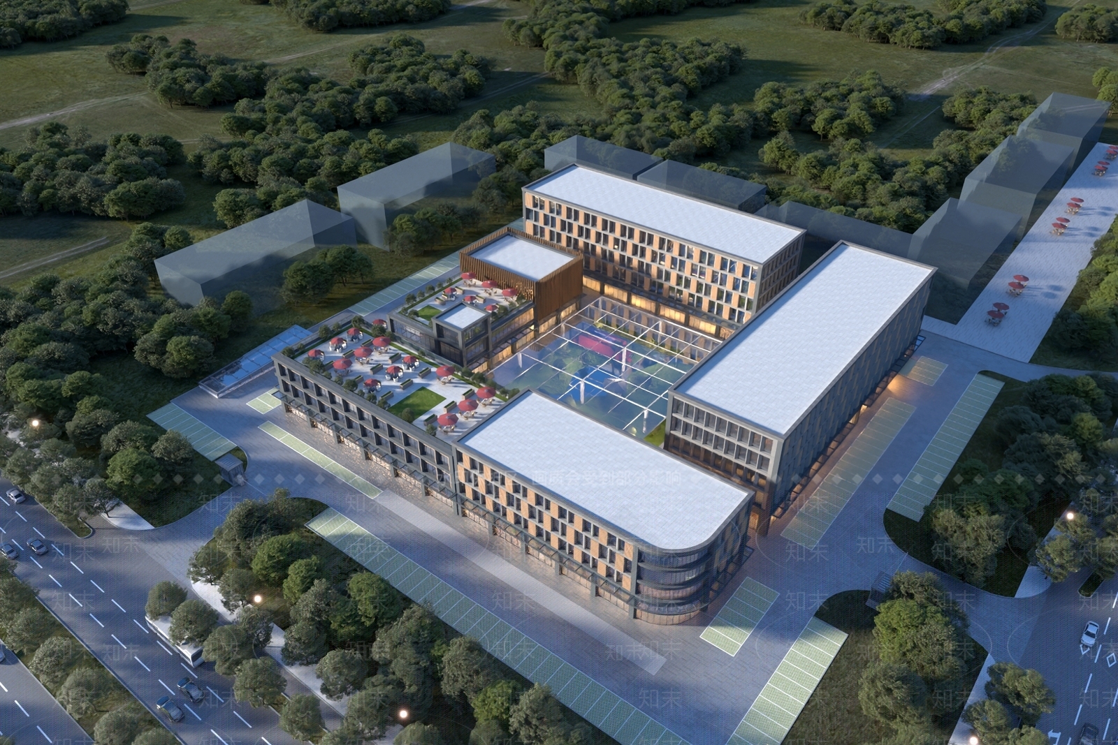 现代新中式酒店建筑SU模型下载【ID:1195952571】