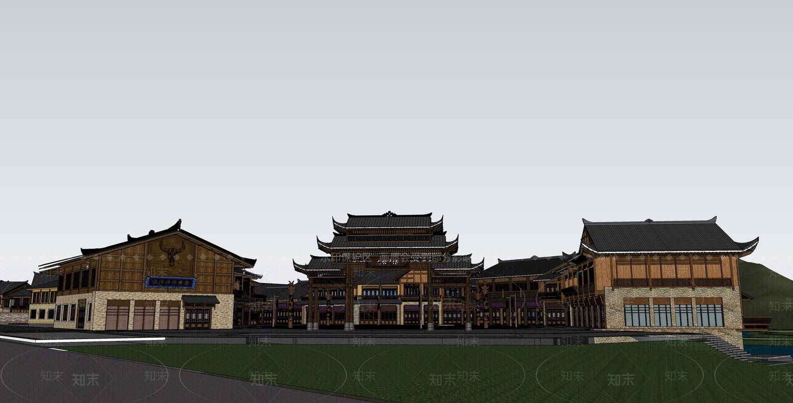 中式商业街SU模型下载【ID:1195958318】